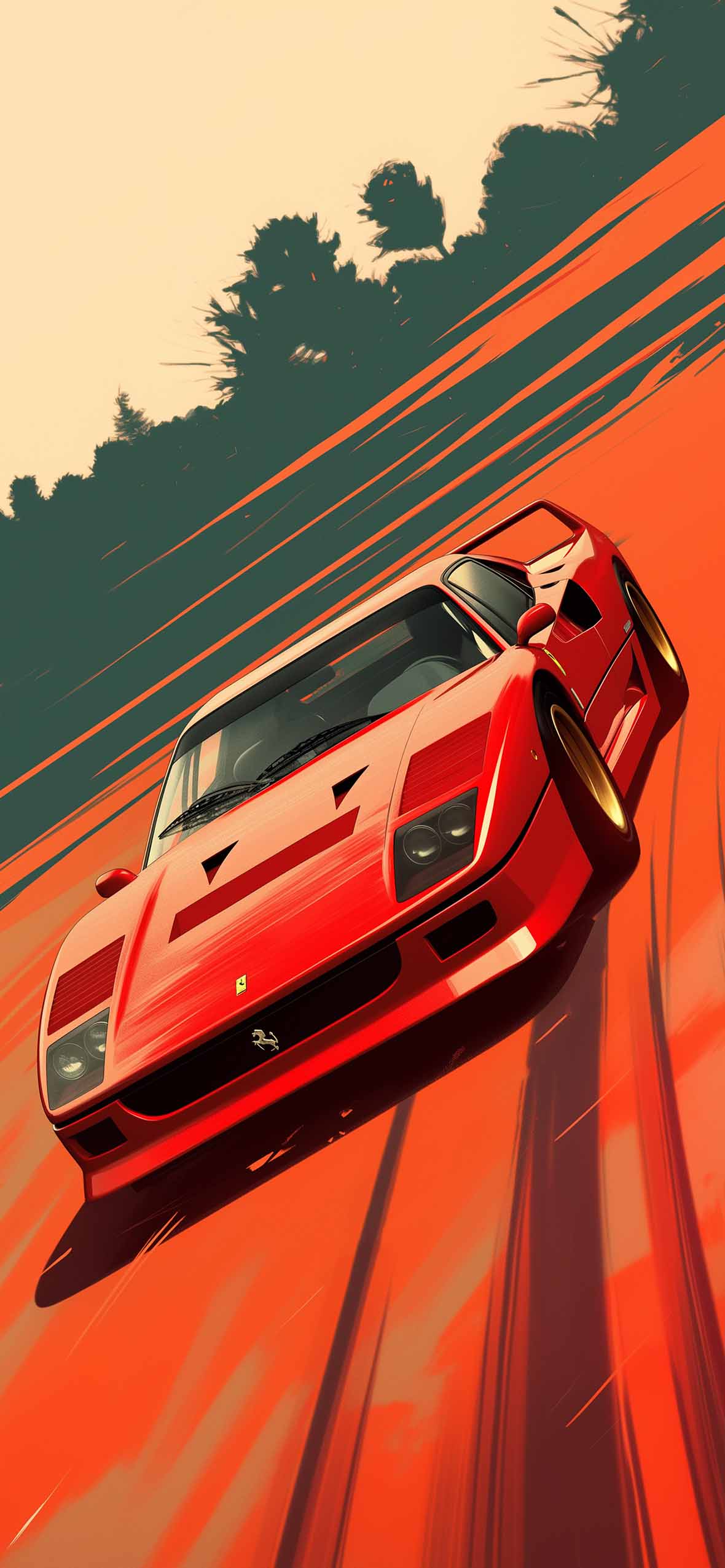 Red Ferrari Speeding Road Retro Art Wallpaper