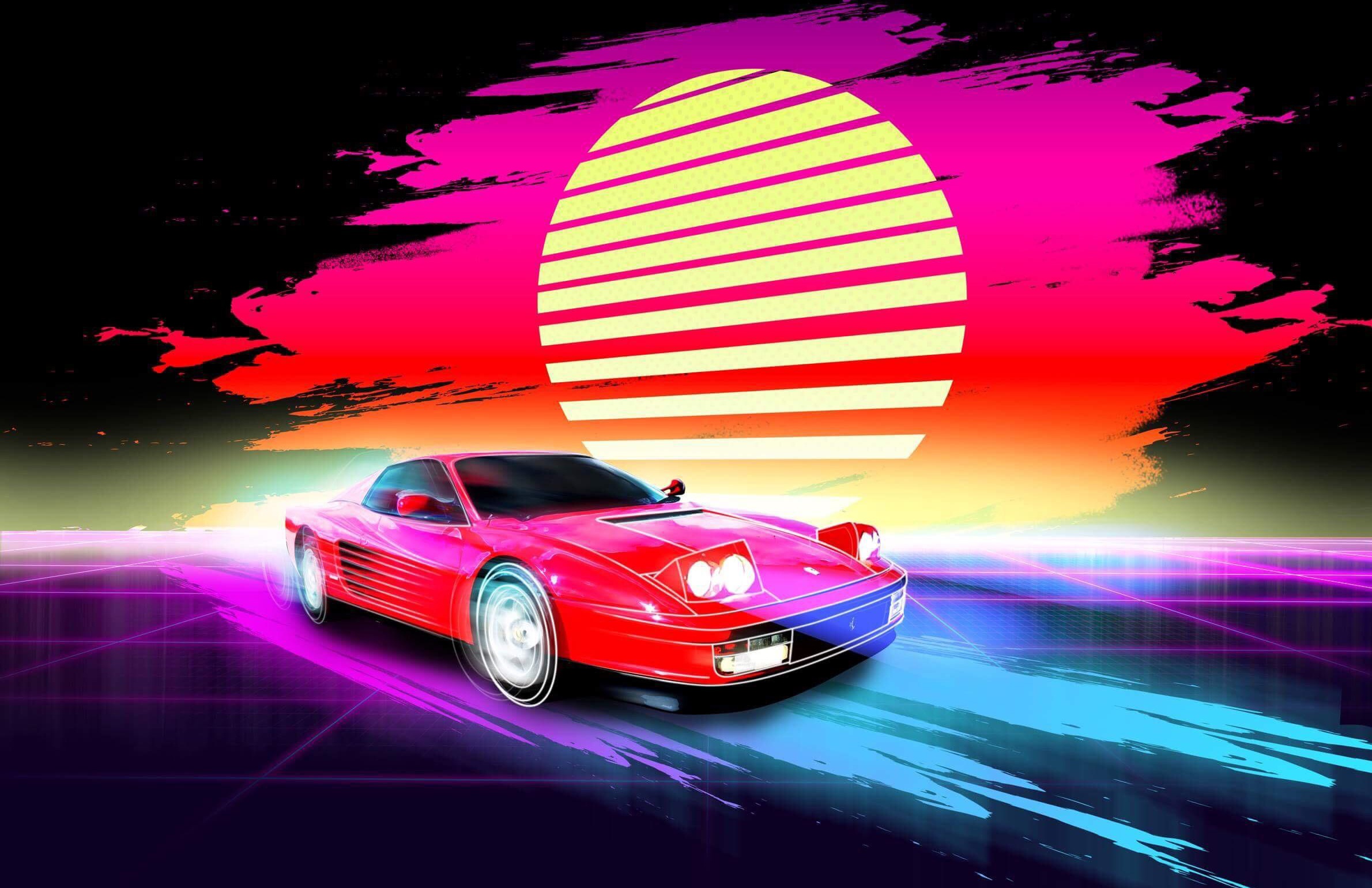Wallpaper Music, Style, Background, Ferrari, 80s, Sun, Style, Neon for mobile and desktop, section арт, resolution 2380x1540