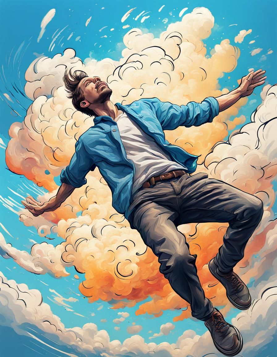 Abstract man falling, sketchy realistic cartoon style of Phil Hale, colorful, clouds in a beautiful blue sky, intricate deta
