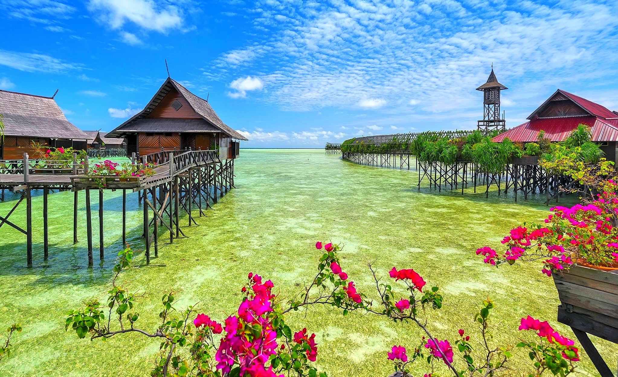 Tropical Malaysian Overwater Bungalows with Turquoise Sea and Vibrant Flowers Horizon