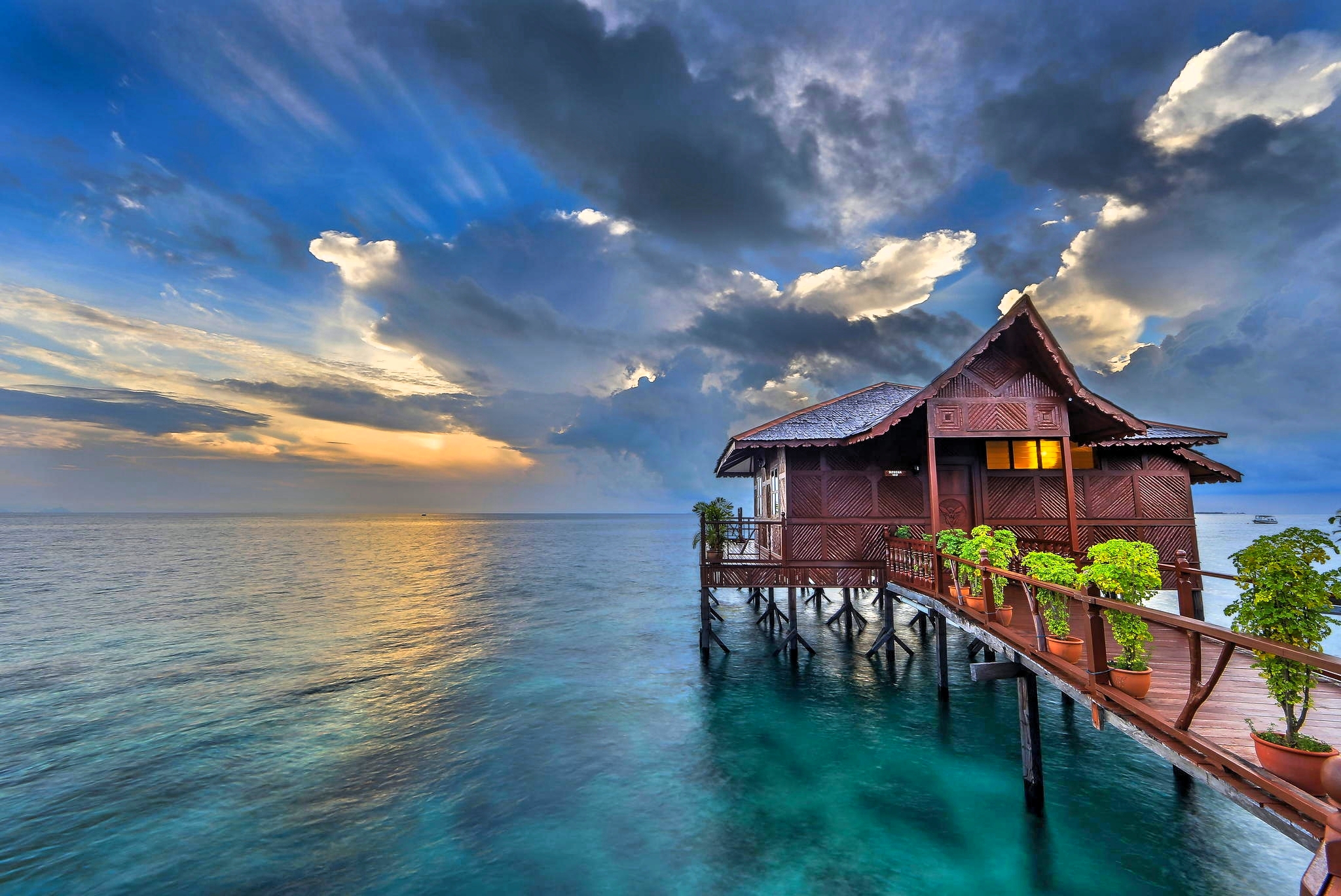 Download Horizon Sea Ocean Tropical Pier Bungalow Man Made Cabin HD Wallpaper