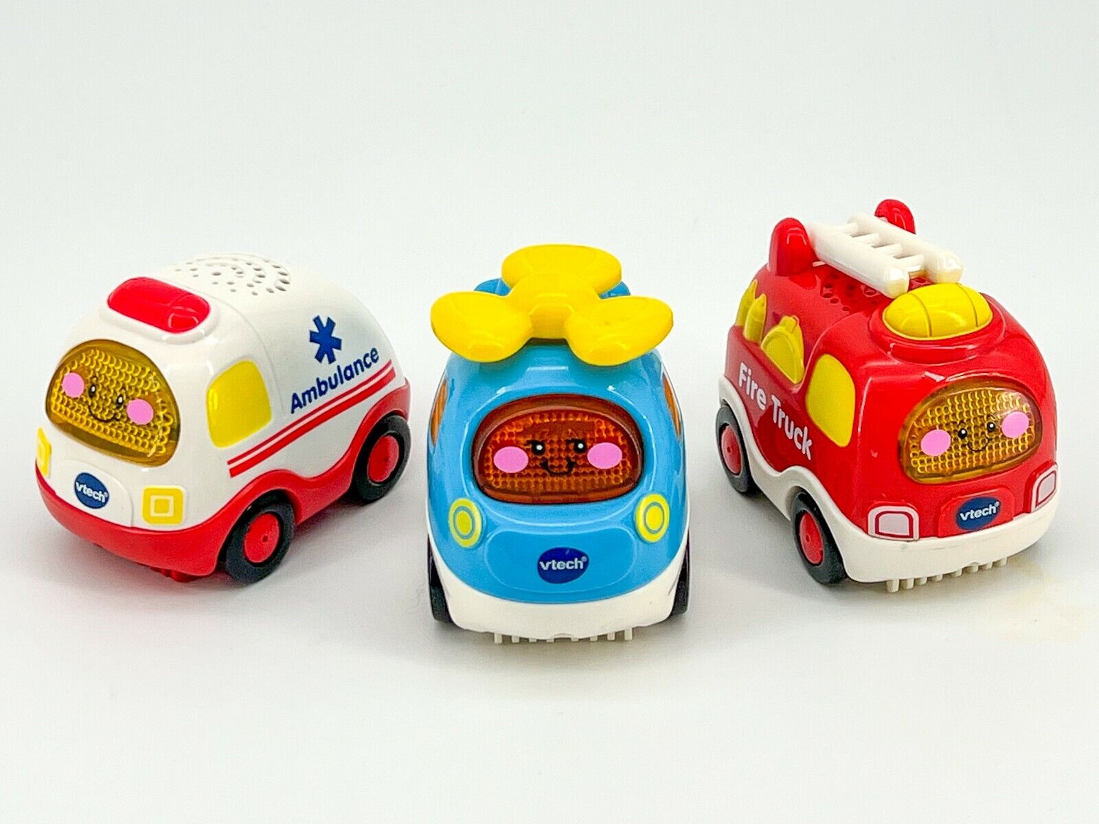Three VTech Lot Go Go Smart Special Cars, Fire Truck, Helicopter
