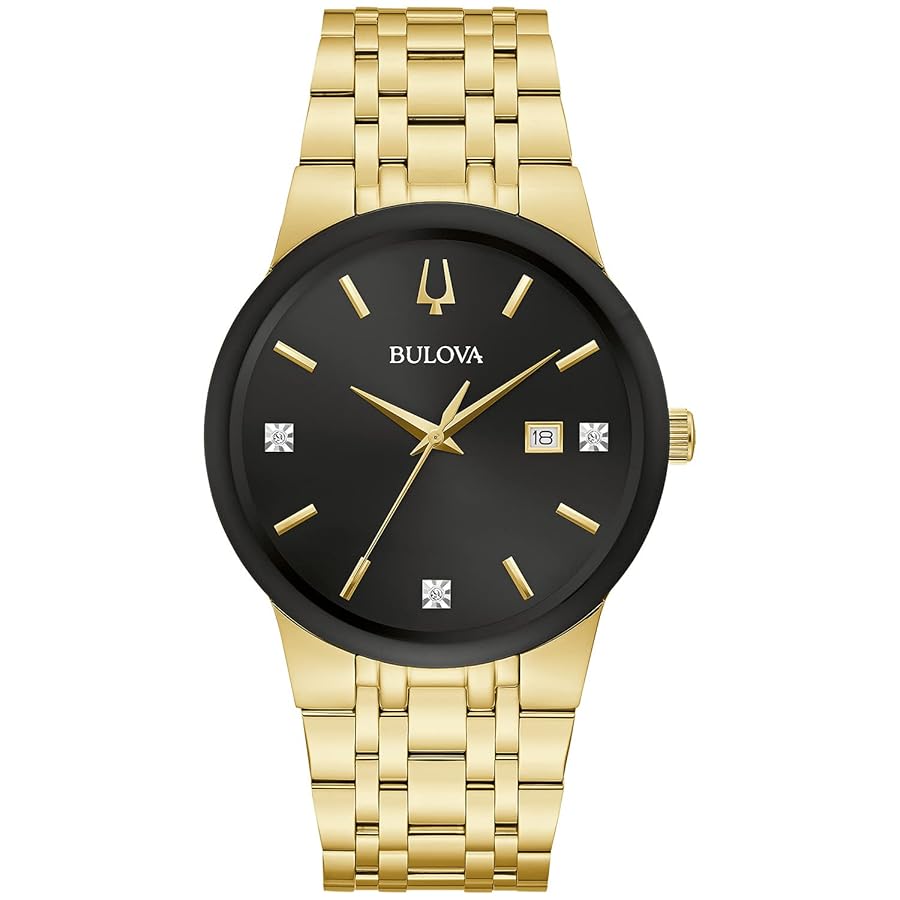 Bulova Men's Modern Gold Tone Stainless Steel 3 Hand Calendar Date Quartz Watch, Gold Tone Accents And Diamond Dial Style: 97D127, Clothing, Shoes & Jewelry