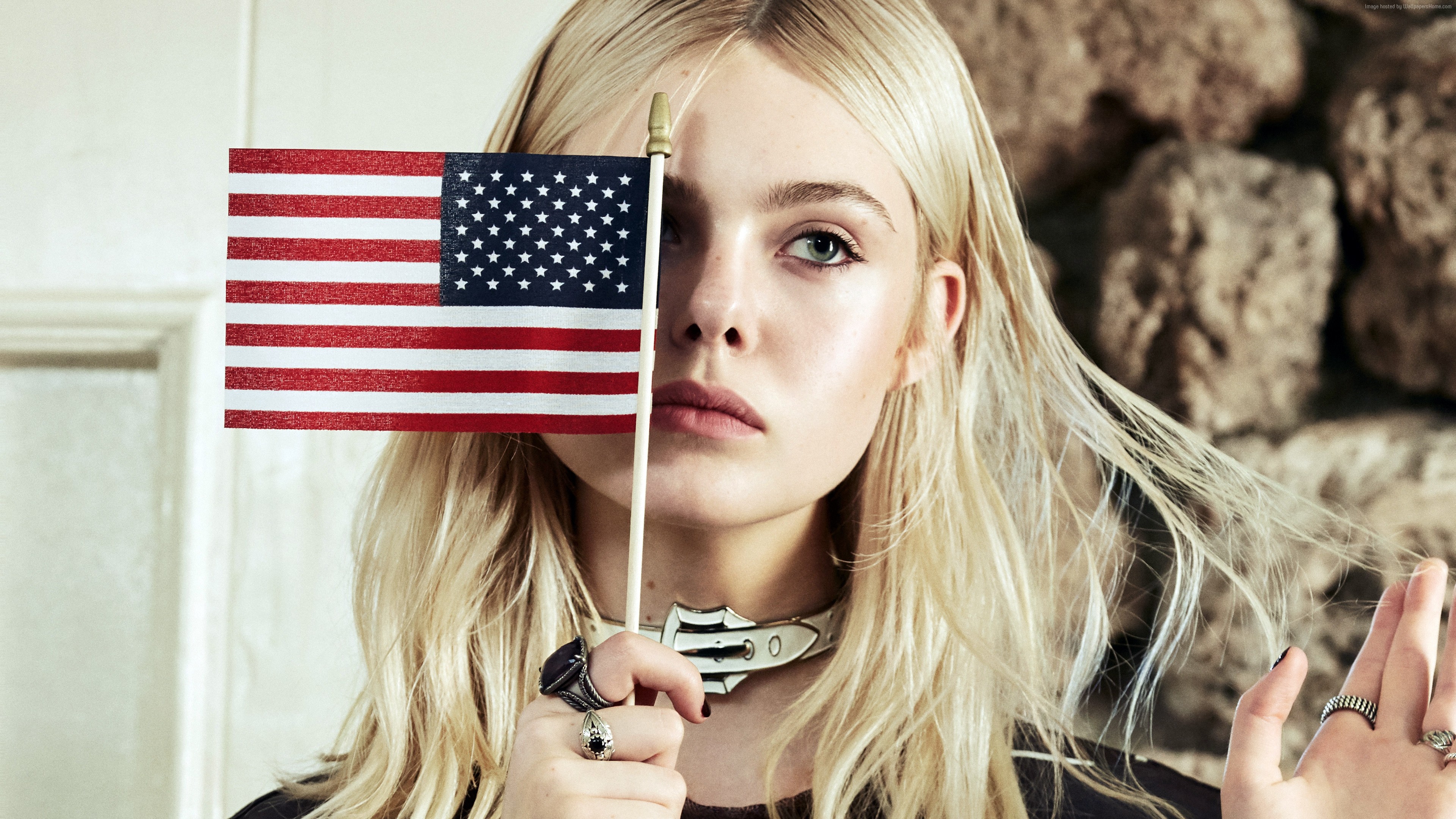 Download Blonde American Flag Ring Celebrity Elle Fanning 4k Ultra HD Wallpaper