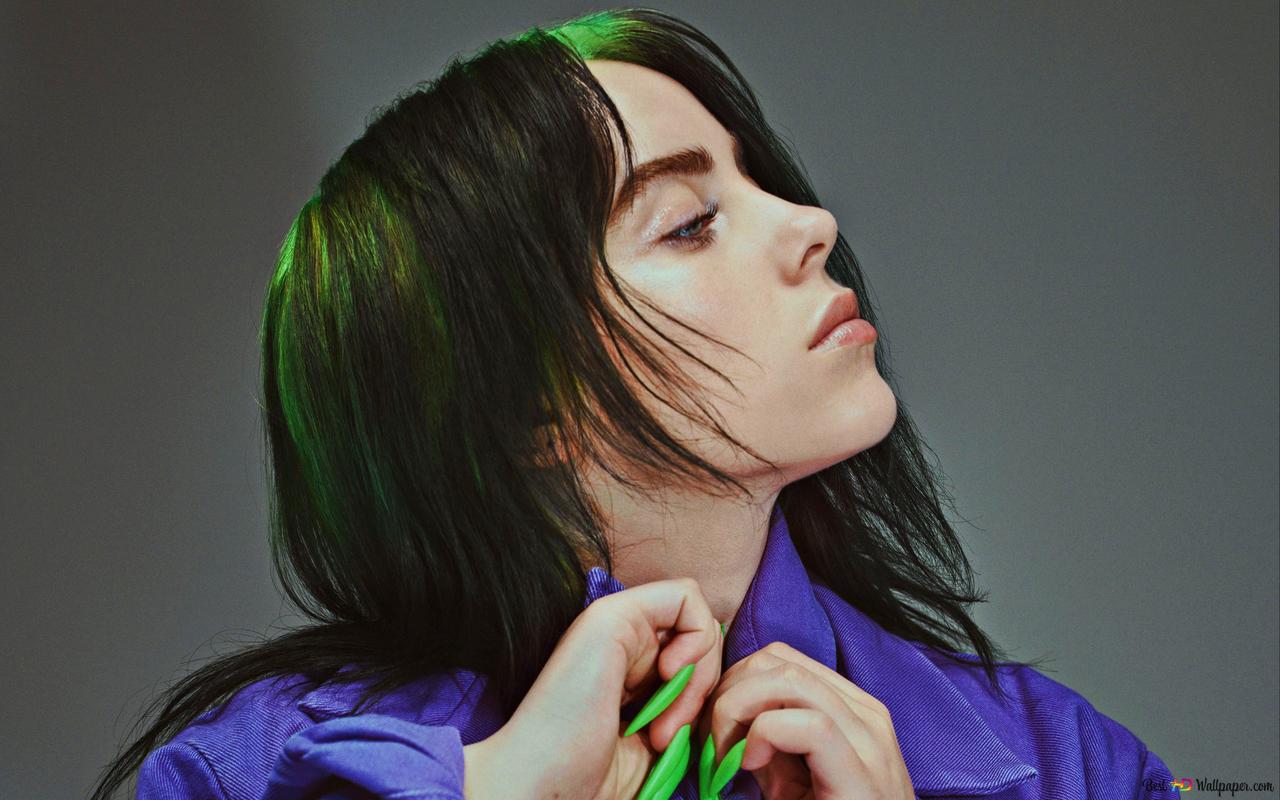 Singer and songwriter Billie Eilish wearing Purple jacket 4K wallpaper download