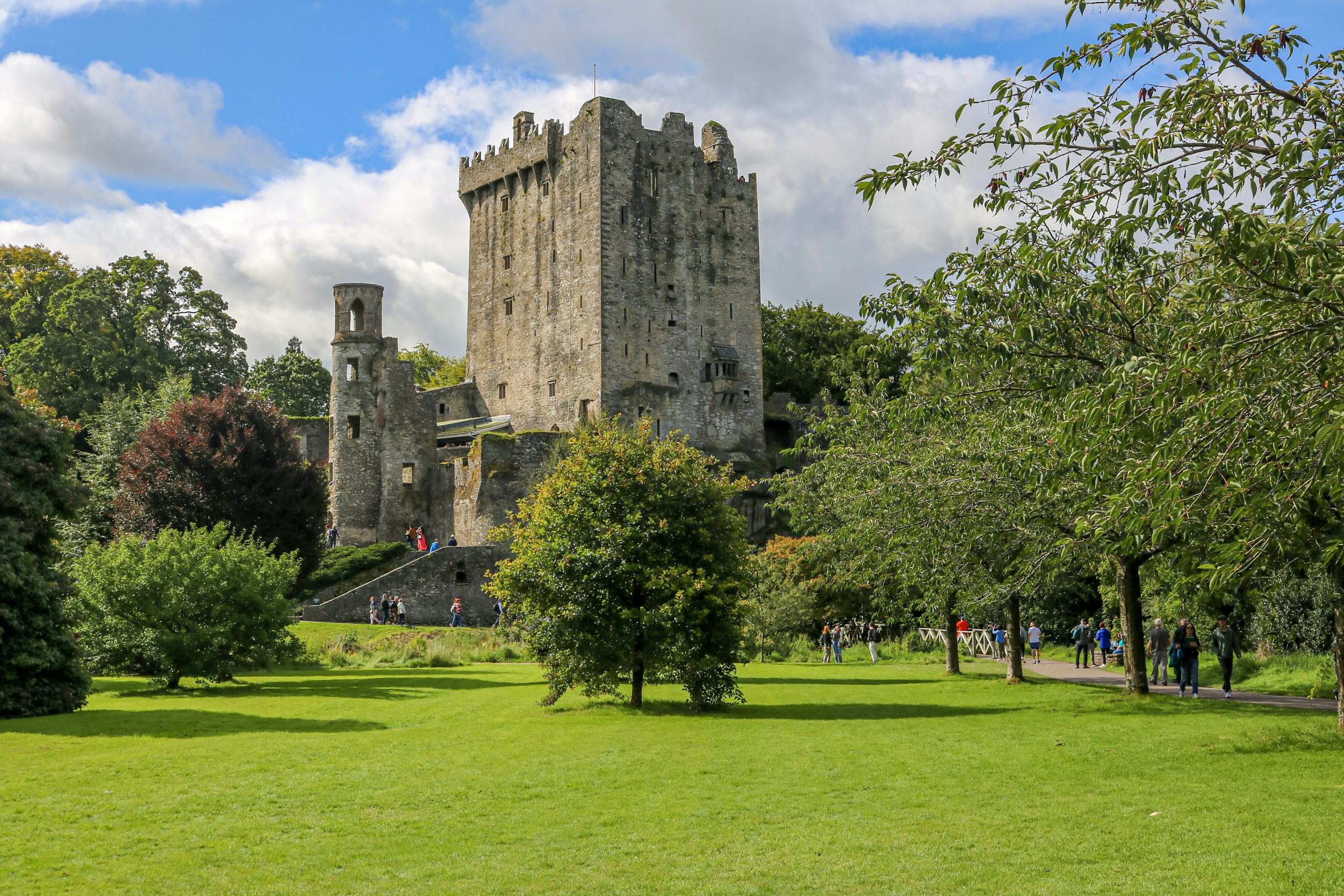 A large castle sitting on top of a lush green field photo
