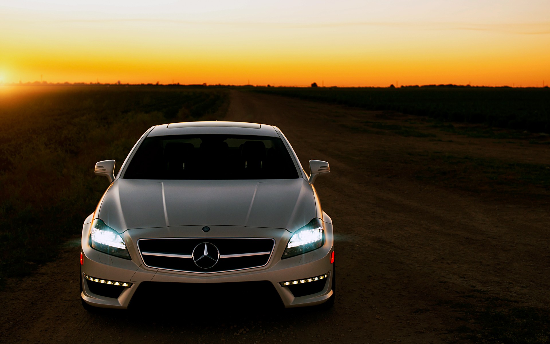 sunset, Cars, Fields, Outdoors, Artwork, Mercedes, Benz, Cls63, Amg, Front, View, Mercedes benz, Headlights, Led Wallpaper HD / Desktop and Mobile Background