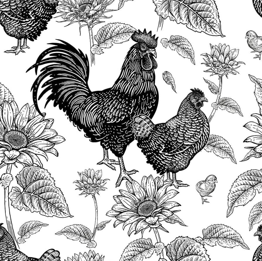 MuralPeel Black and White Rooster Chicken Sunflowers Farm Peel and Stick Wallpaper Self Adhesive Removable Easy Peel Off Stick on Wall Paper for Bedroom Cabinet Renter Friendly