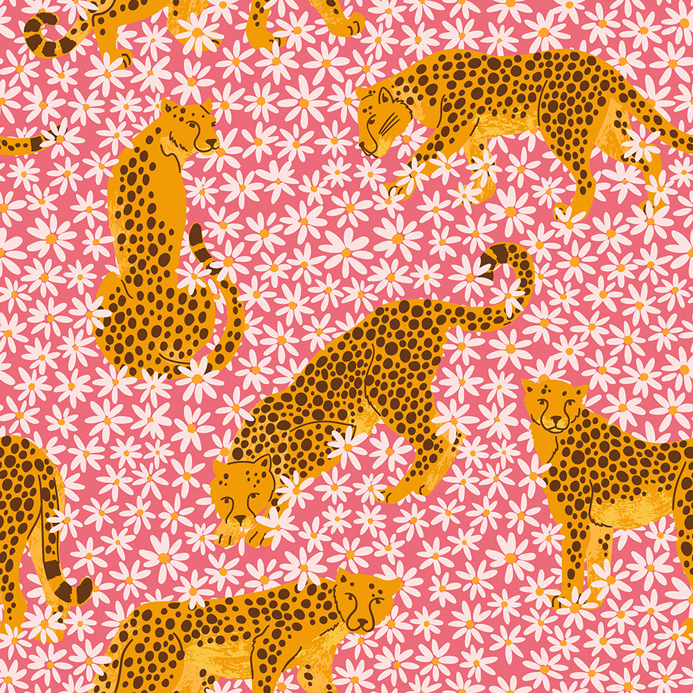 Pink Leopard & Daisy Wallpaper. Fun Hand Drawn Cheetah Mural