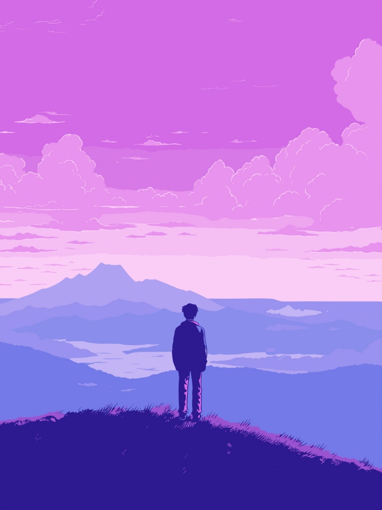 Lofi boy Wallpaper 4K, Landscape, Pixel art, Purple sky