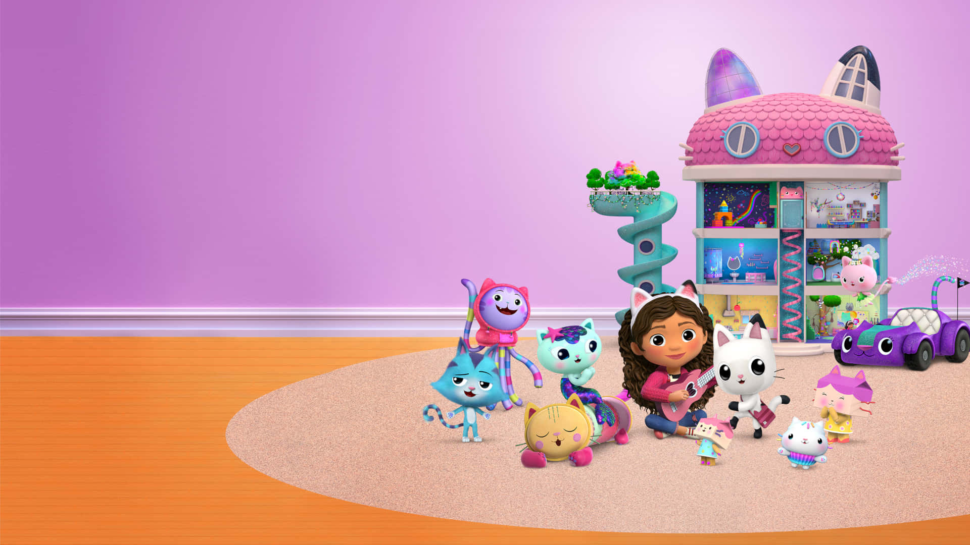 Download Gabby Dollhouse Charactersand Playhouse Wallpaper