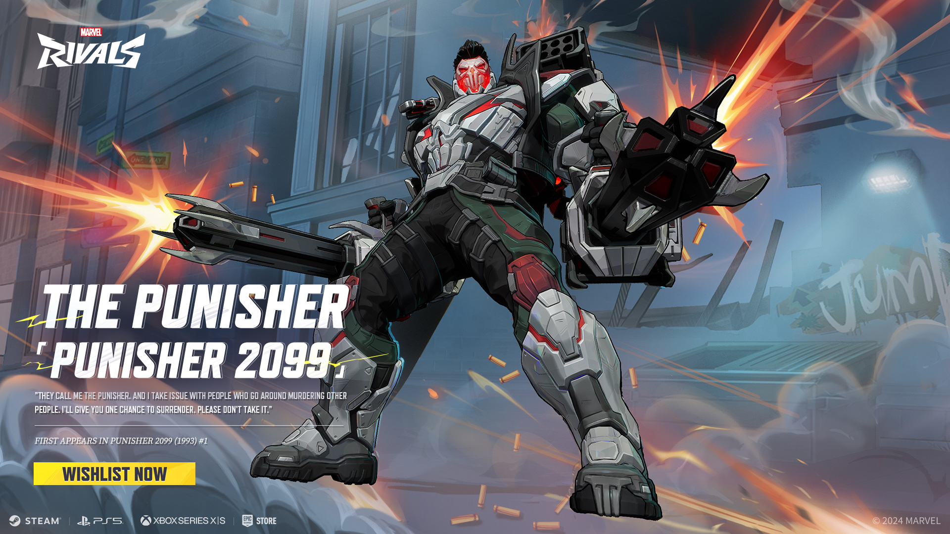 Marvel Rivals - [Punisher 2099] In the year 2099, the world has fallen deeper into dystopia. But despite the hardships, the Punisher's war continues. Take on his rage and undying ferocity