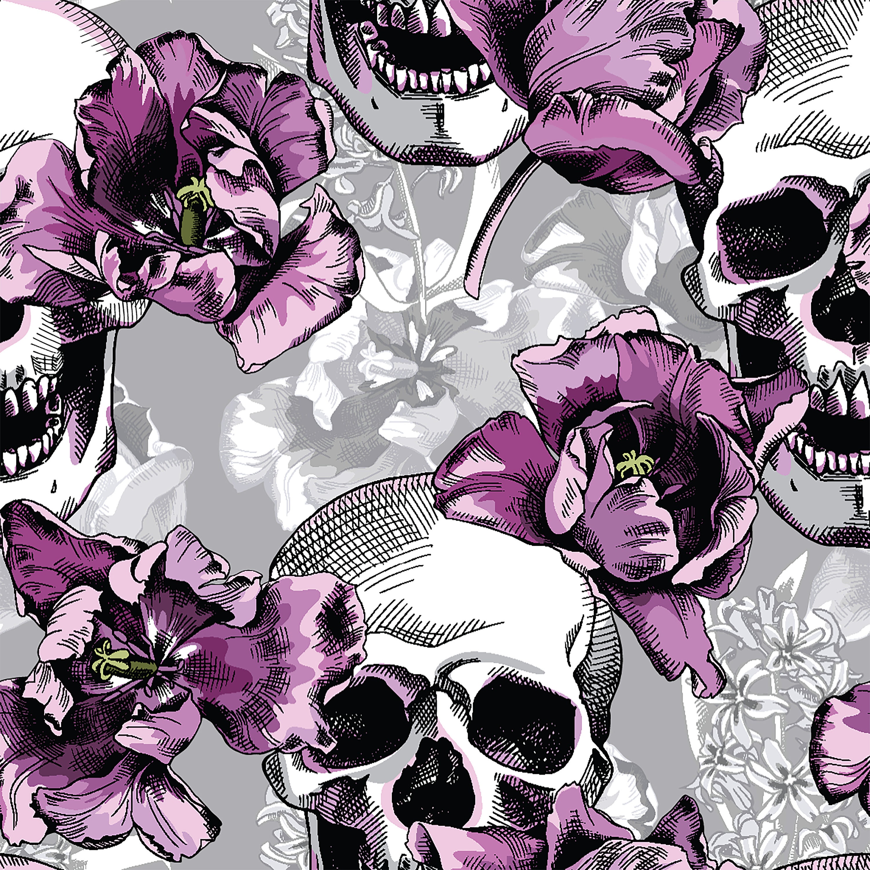 Dollhouse Wallpaper, Antique Dollhouse, Gothic Wallpaper, Purple Tropical Skull Wallpaper, Peel and Stick Wallpaper, Fabric Wallpaper