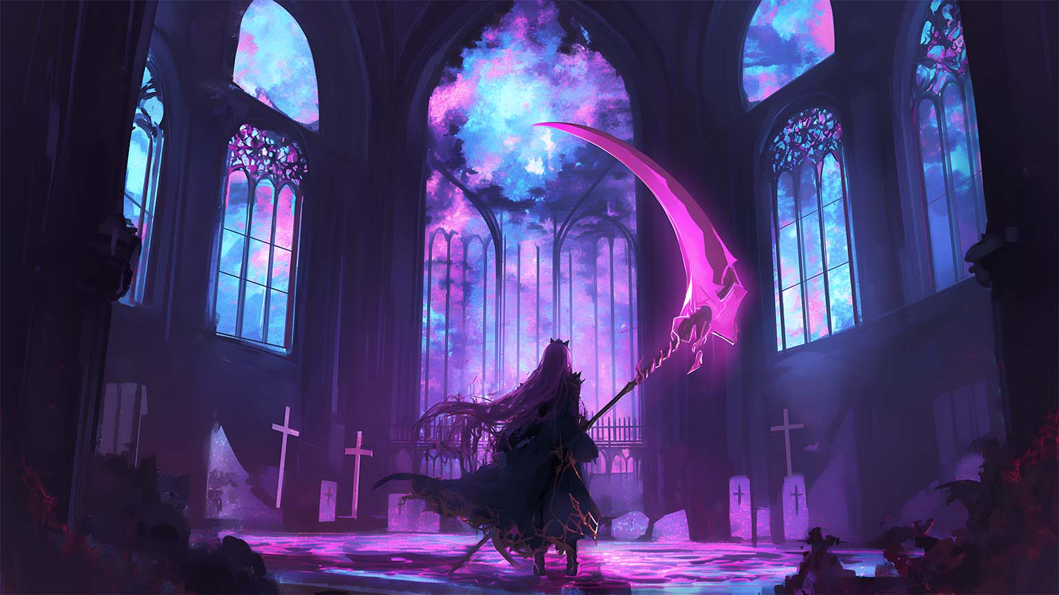 Calliope Mori Goth Cathedral Glow Desktop Wallpaper