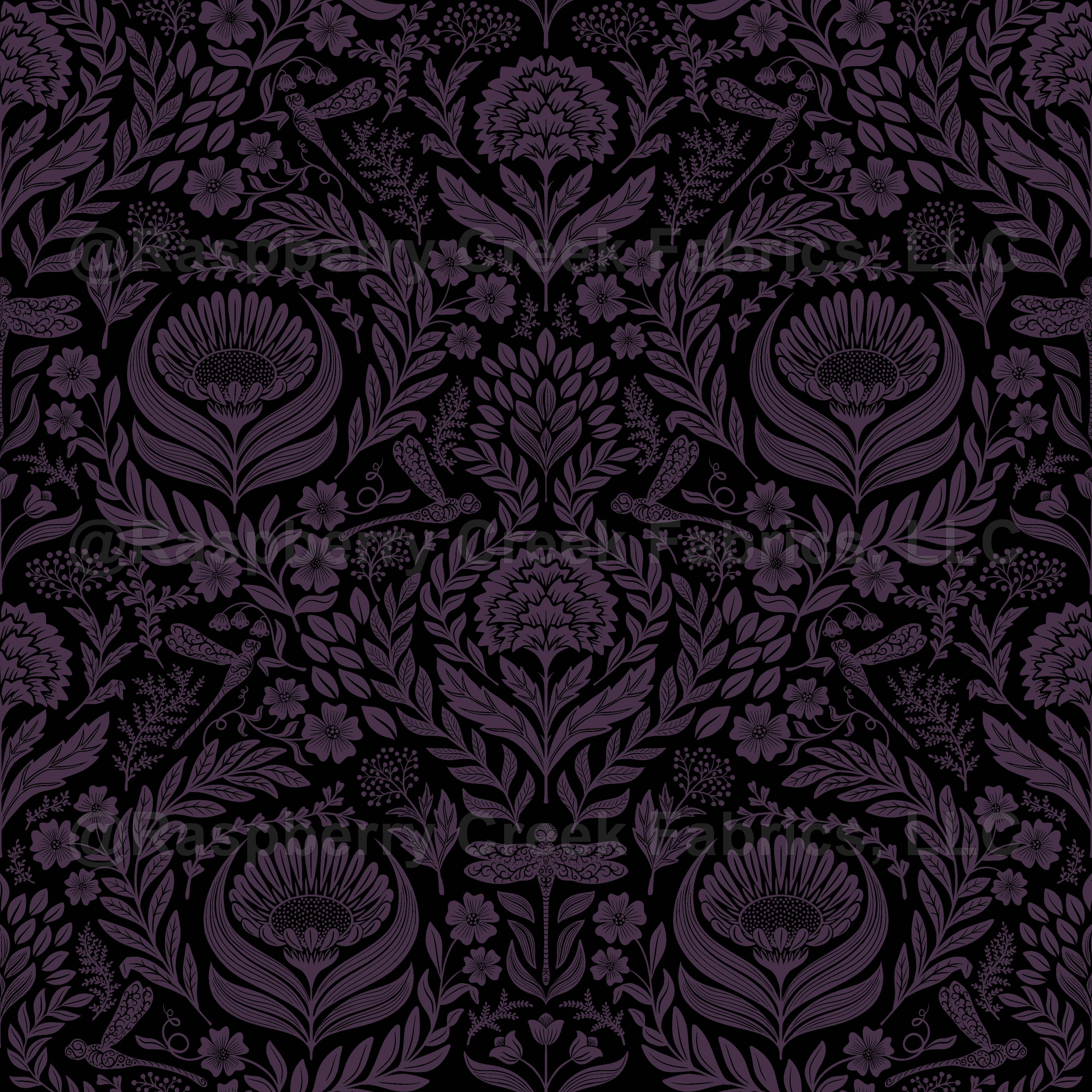 Victorian Floral Damask purple Wallpaper, Raspberry Creek Fabrics