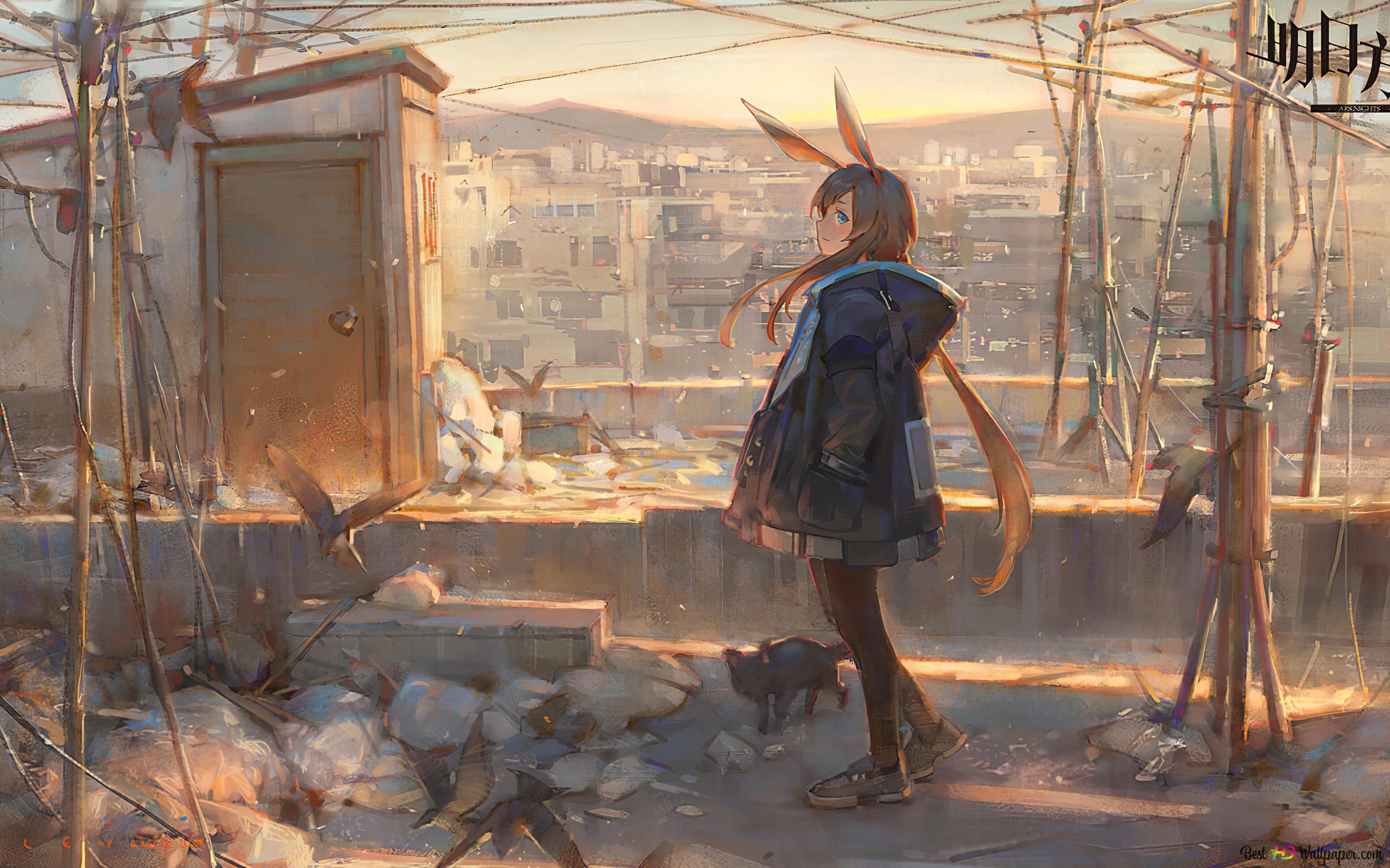 Lonely girl looking at her home in her destroyed city 2K wallpaper download