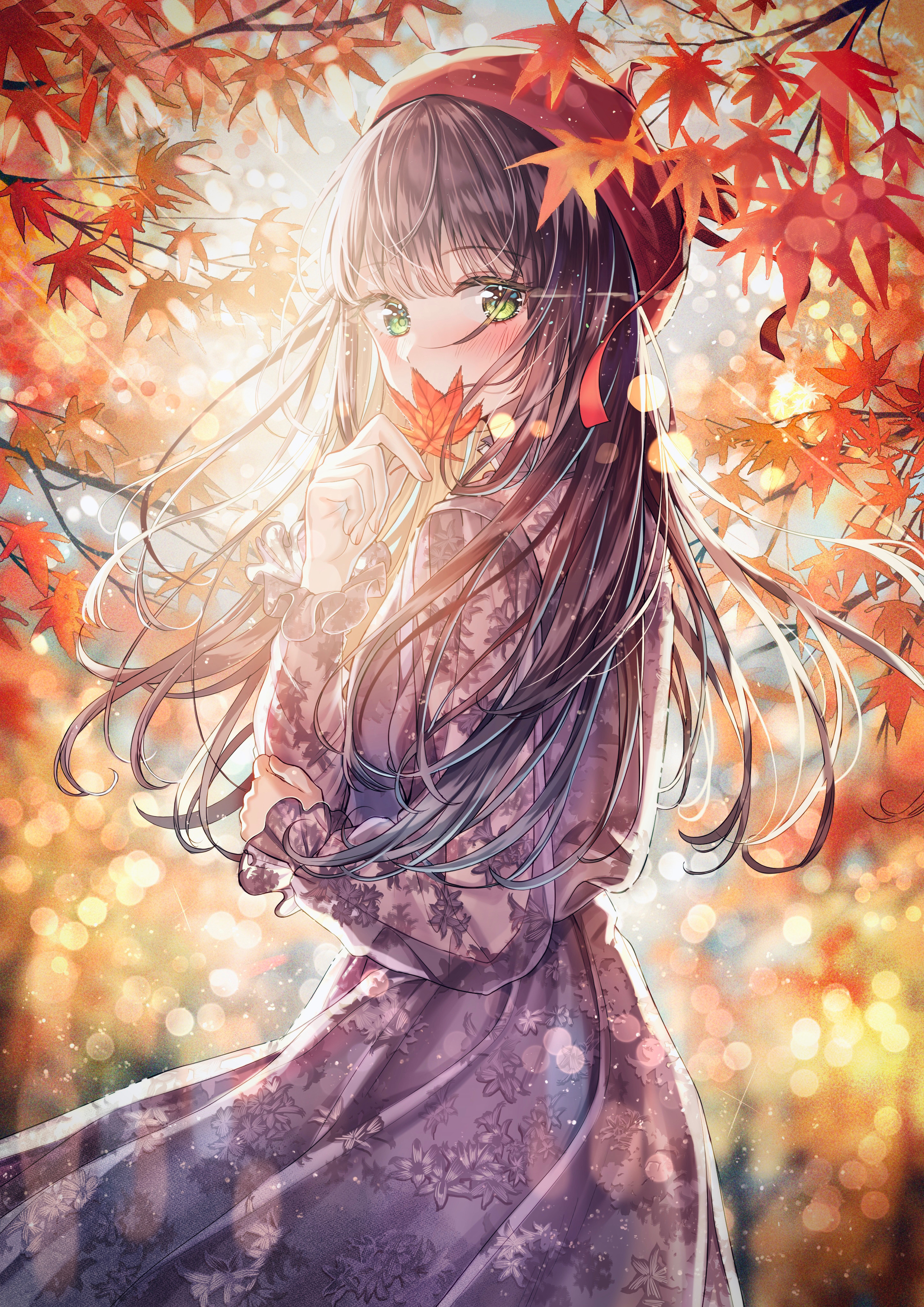 Wallpaper wallpaper beautiful anime girl ribbon automn hair long grean eyes from godlike image and screensavers