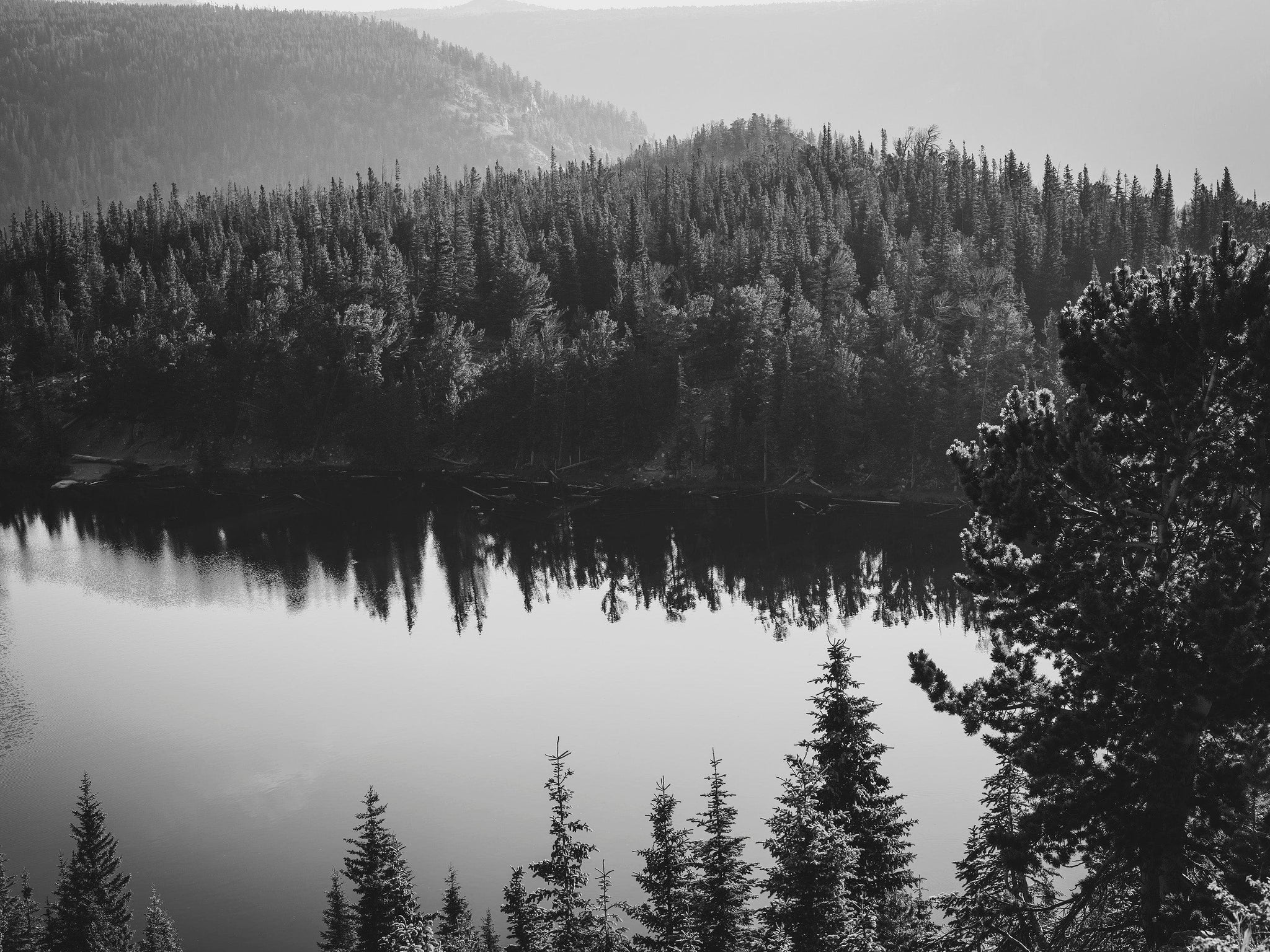 Black and White Mountain Over Looking Lake and Forest Wallpaper
