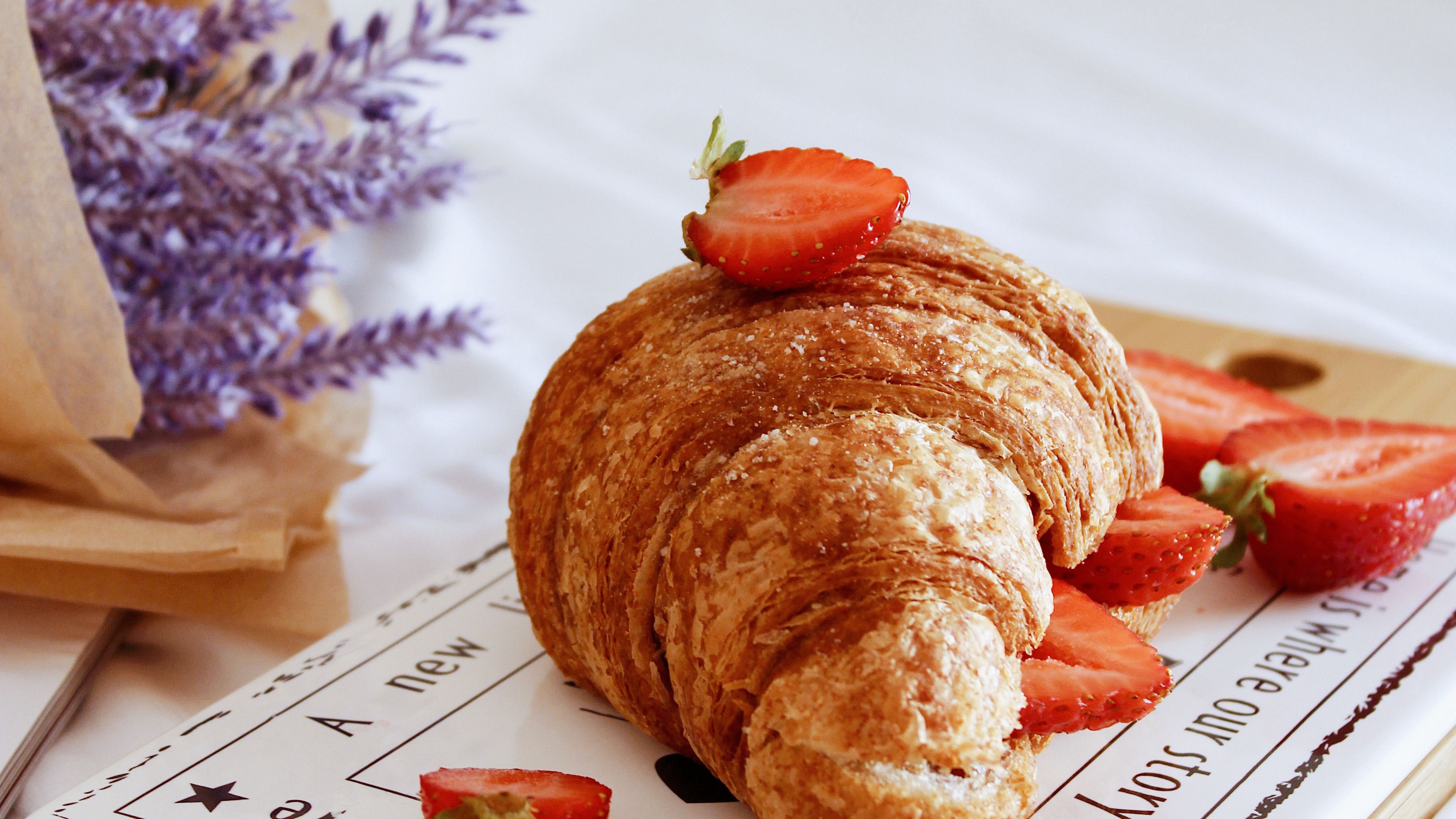 Download wallpaper 3840x2160 croissant, berries, strawberries, breakfast, flowers 4k uhd 16:9 HD background