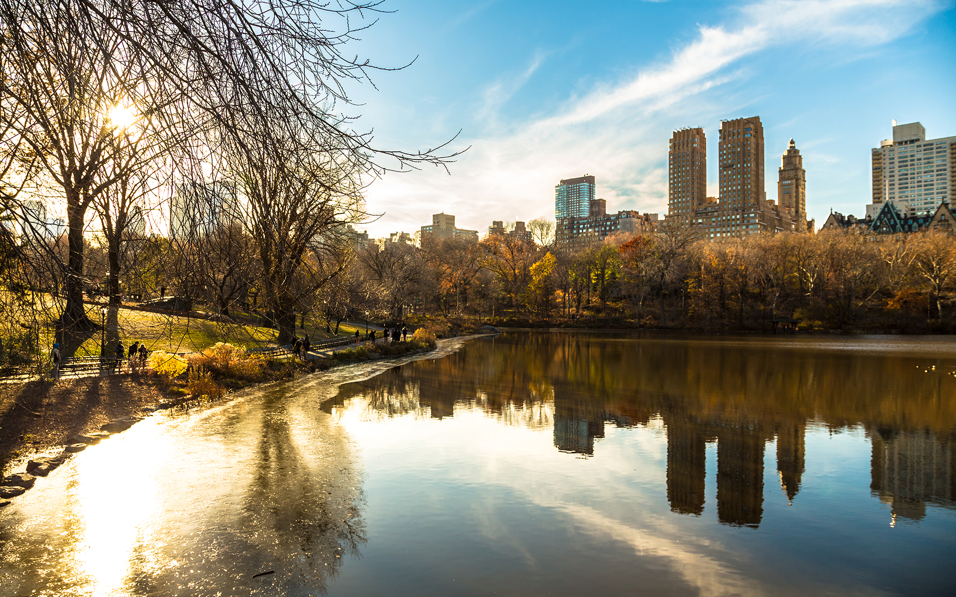 buildings, Lake, Reflection, Trees, Sunlight, New, York, Central, Park, Autumn Wallpaper HD / Desktop and Mobile Background