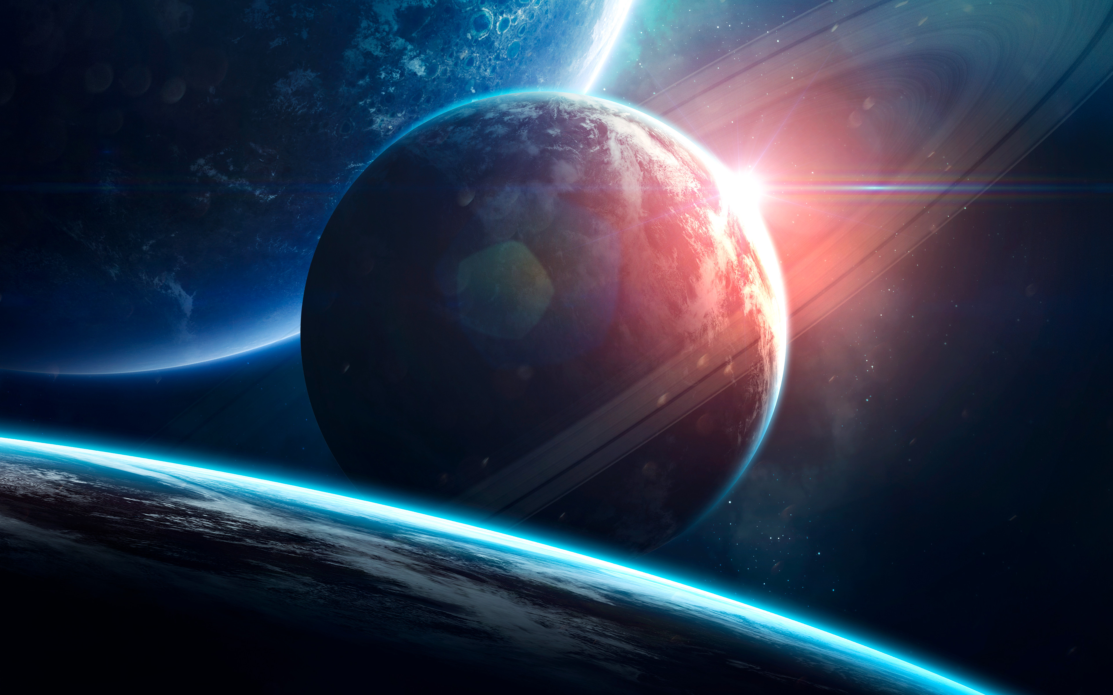 Planets Wallpaper 4K, Orbital ring, Sun, Stars, Galaxy