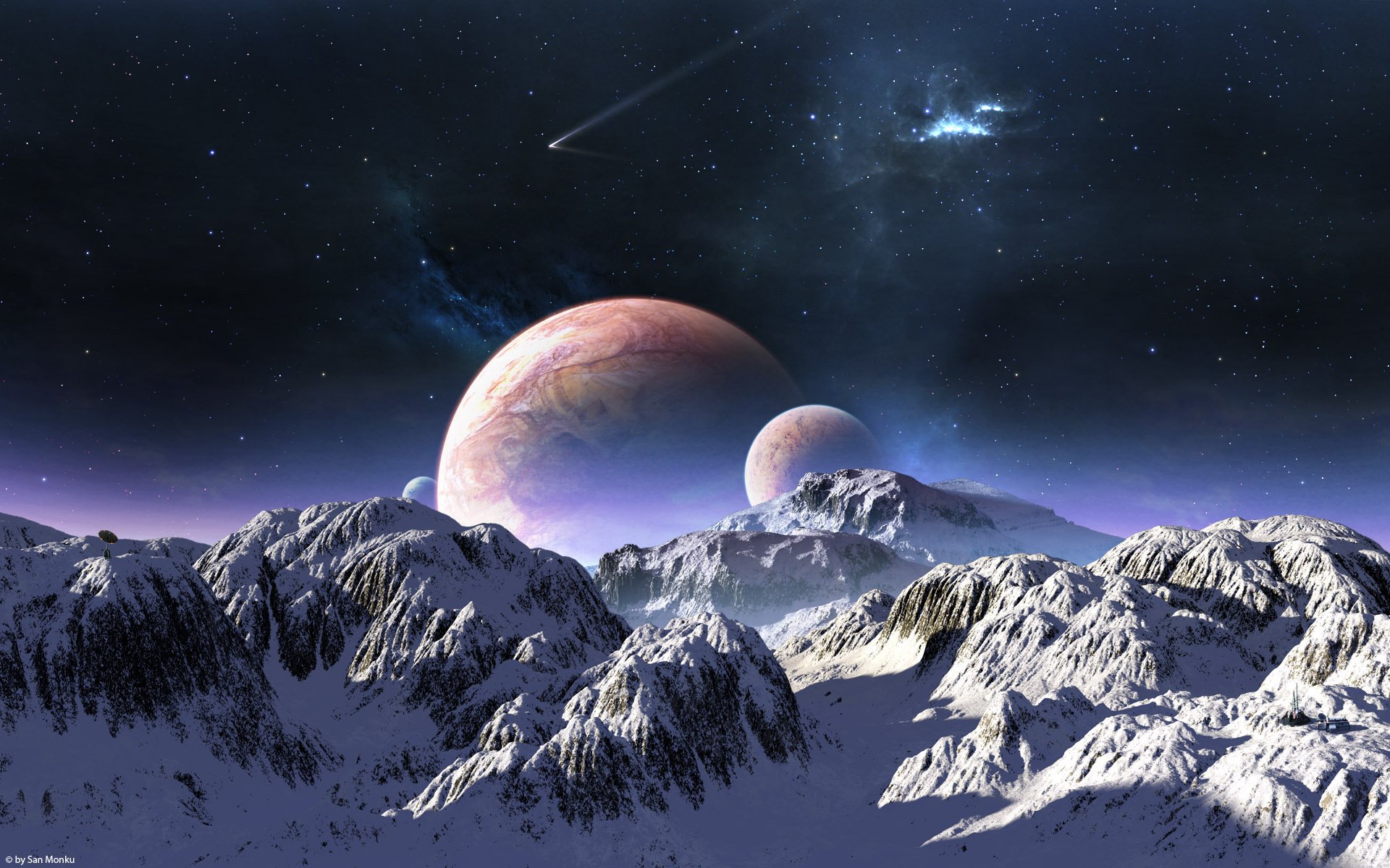 Mountain landscape with a view of the stars and planets for your phone