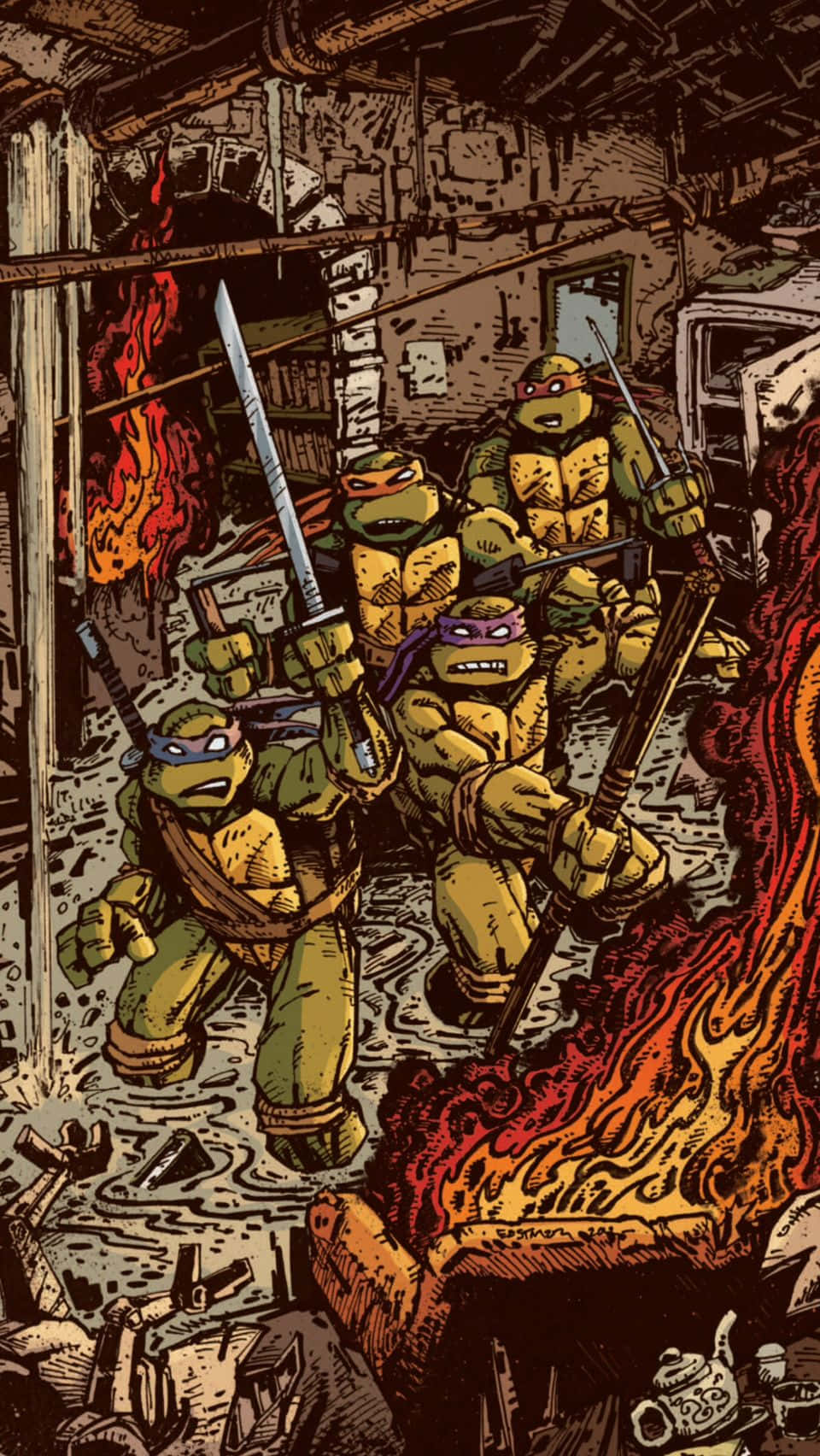 Download Teenage Mutant Ninja Turtles Comic Book With A Flooded Building Wallpaper