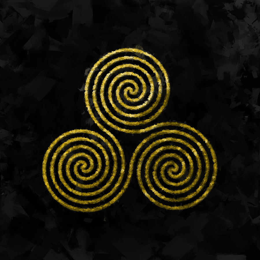 Golden triple spiral on black background