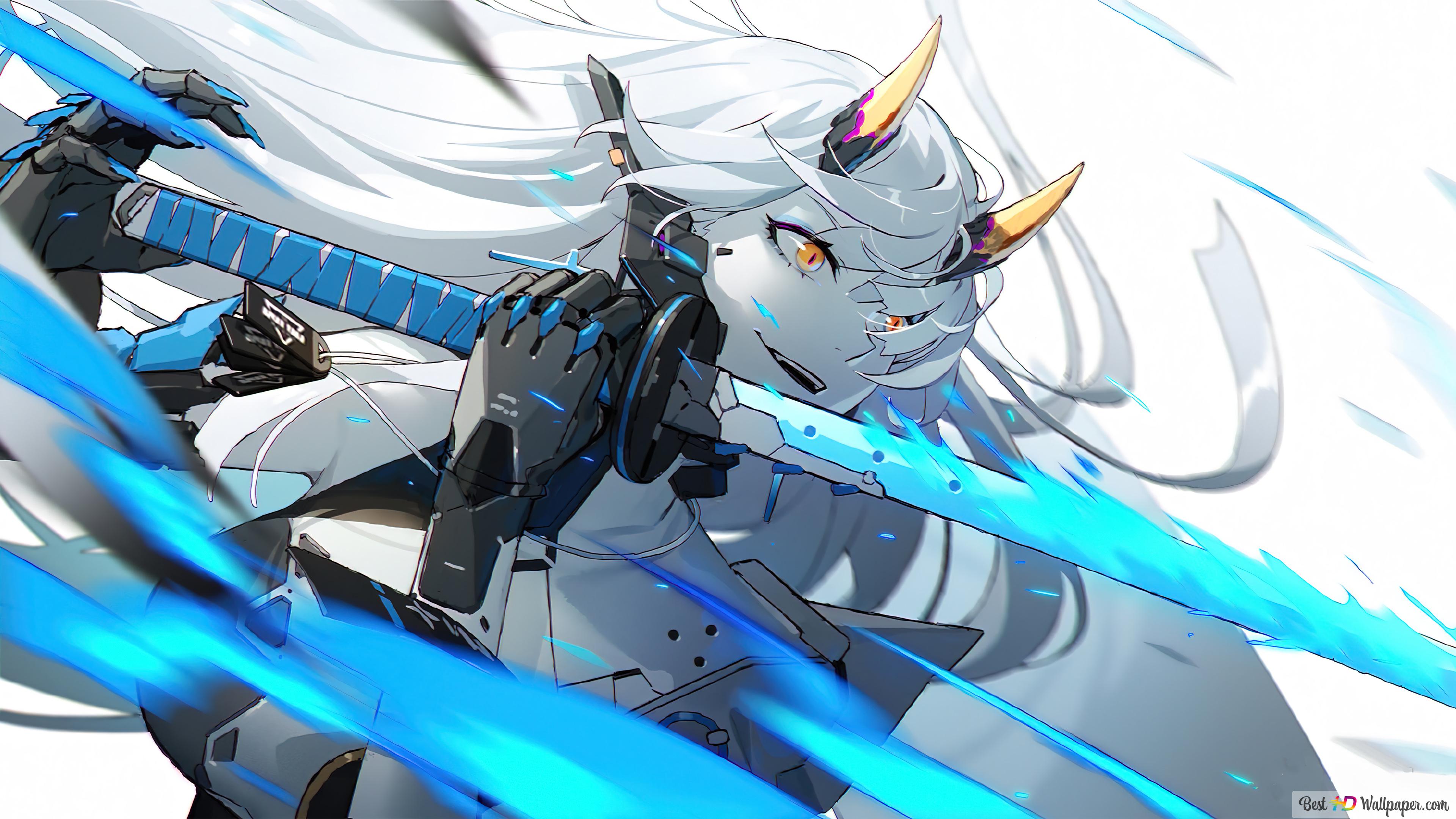 Anime Girl White Hair Katana 4K wallpaper download