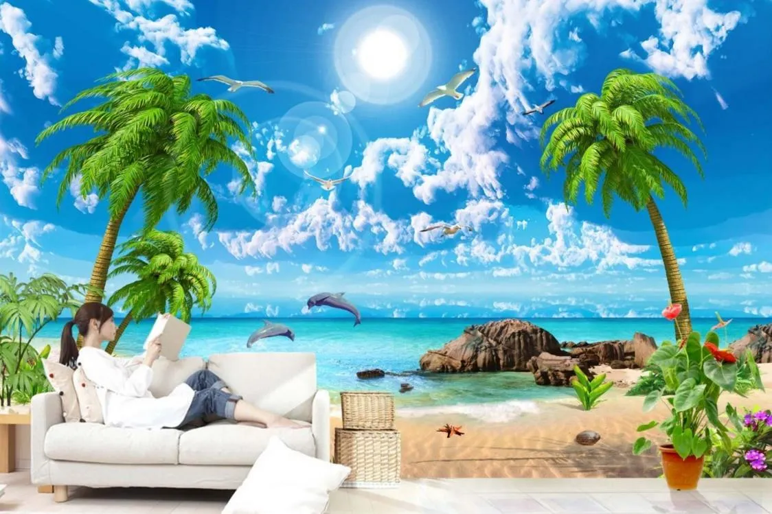 HD 3D Beach Sea Coconut Landscape Wallpaper for Living Room TV Backdrop