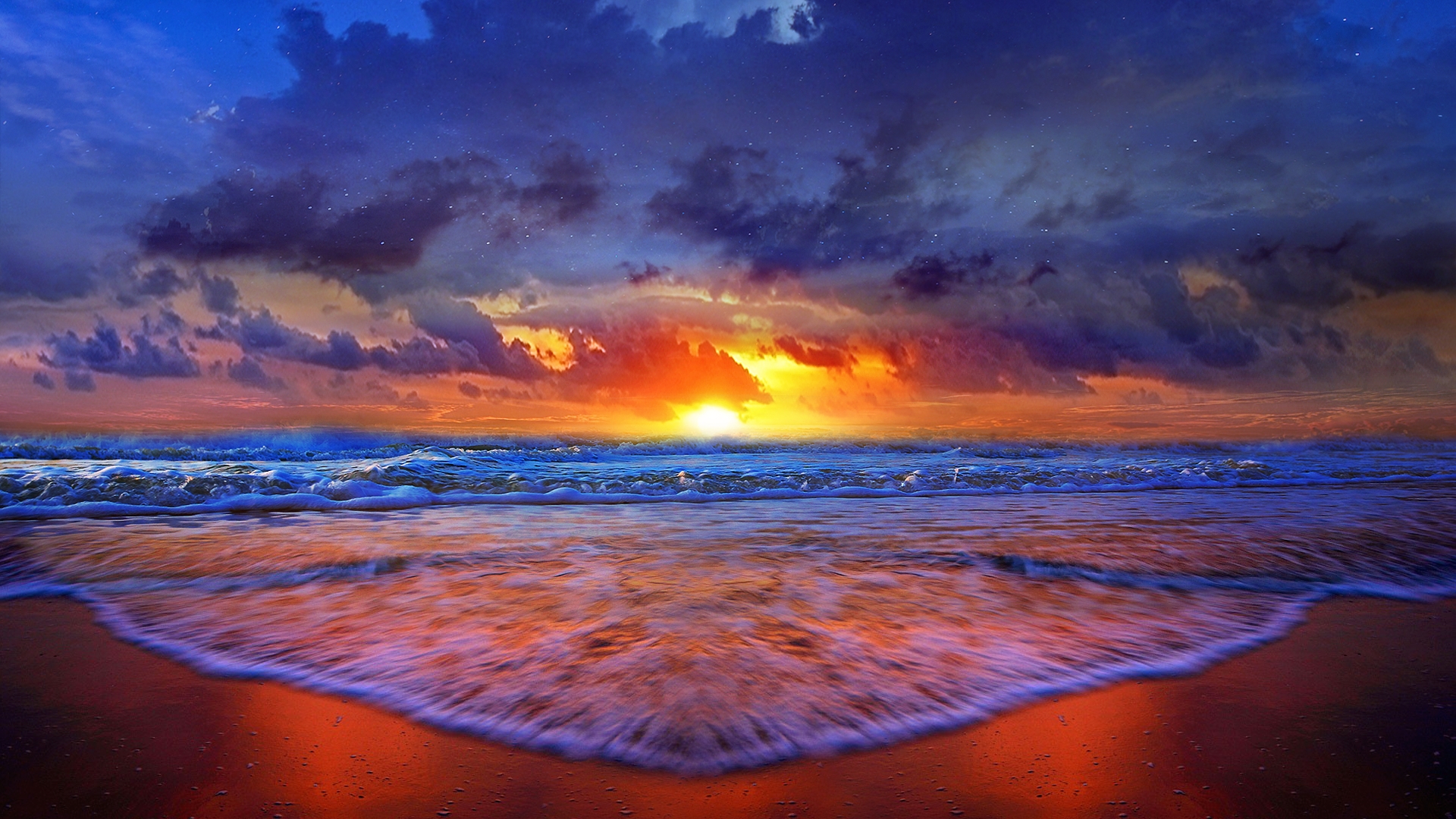 Sunset Horizon Over Ocean Waves
