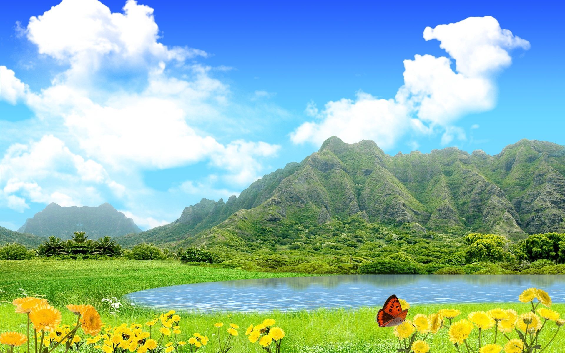 Download wallpaper 1920x1200 mountains, lake, sky, flowers, butterfly, summer HD background