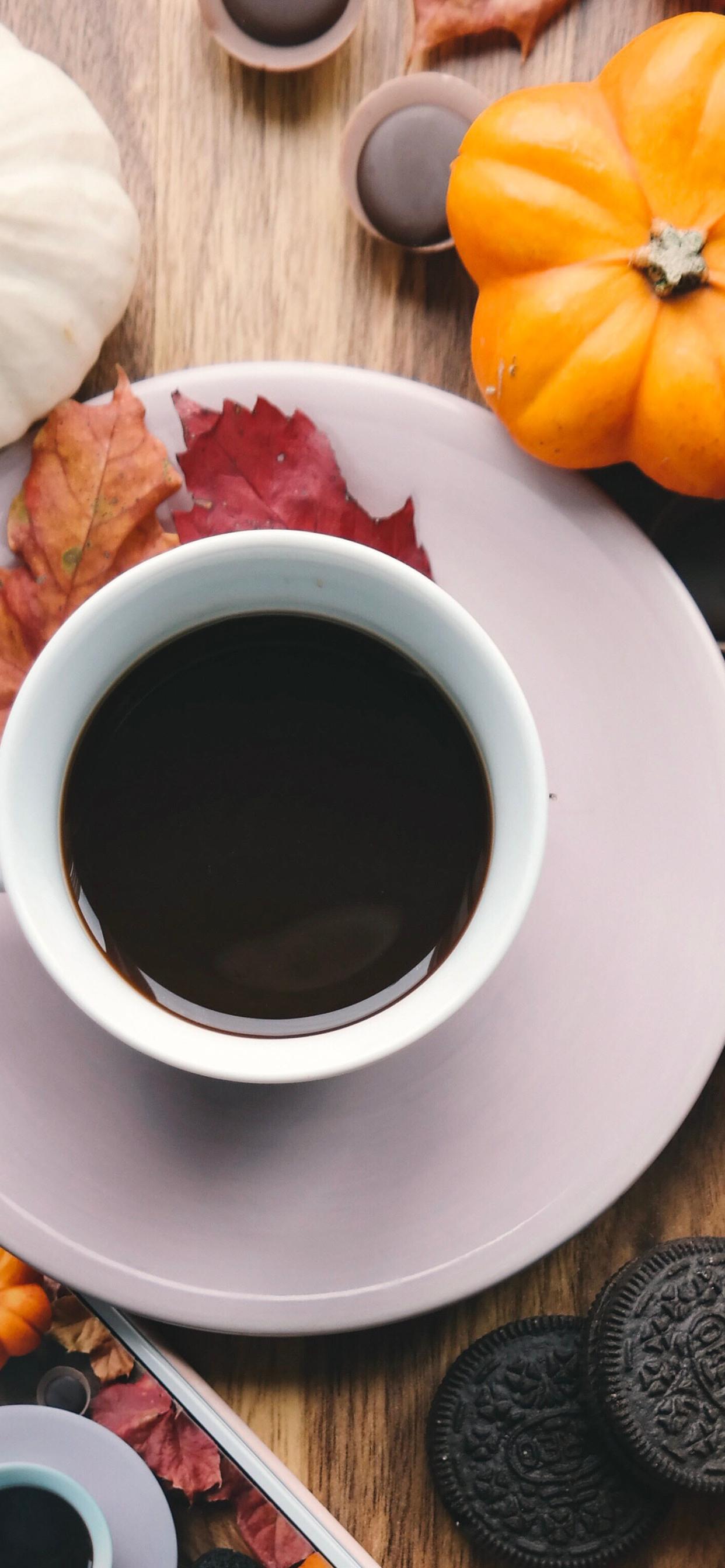 Dark coffee for Autumn photo and pumpkins