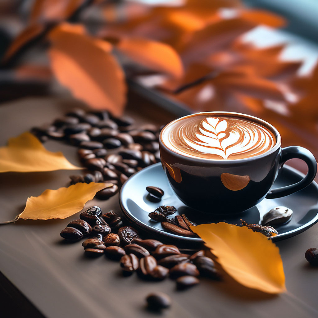 Coffee with latte art and autumn leaves and aromatic coffee beans in the style of dark orange and dark black, bold