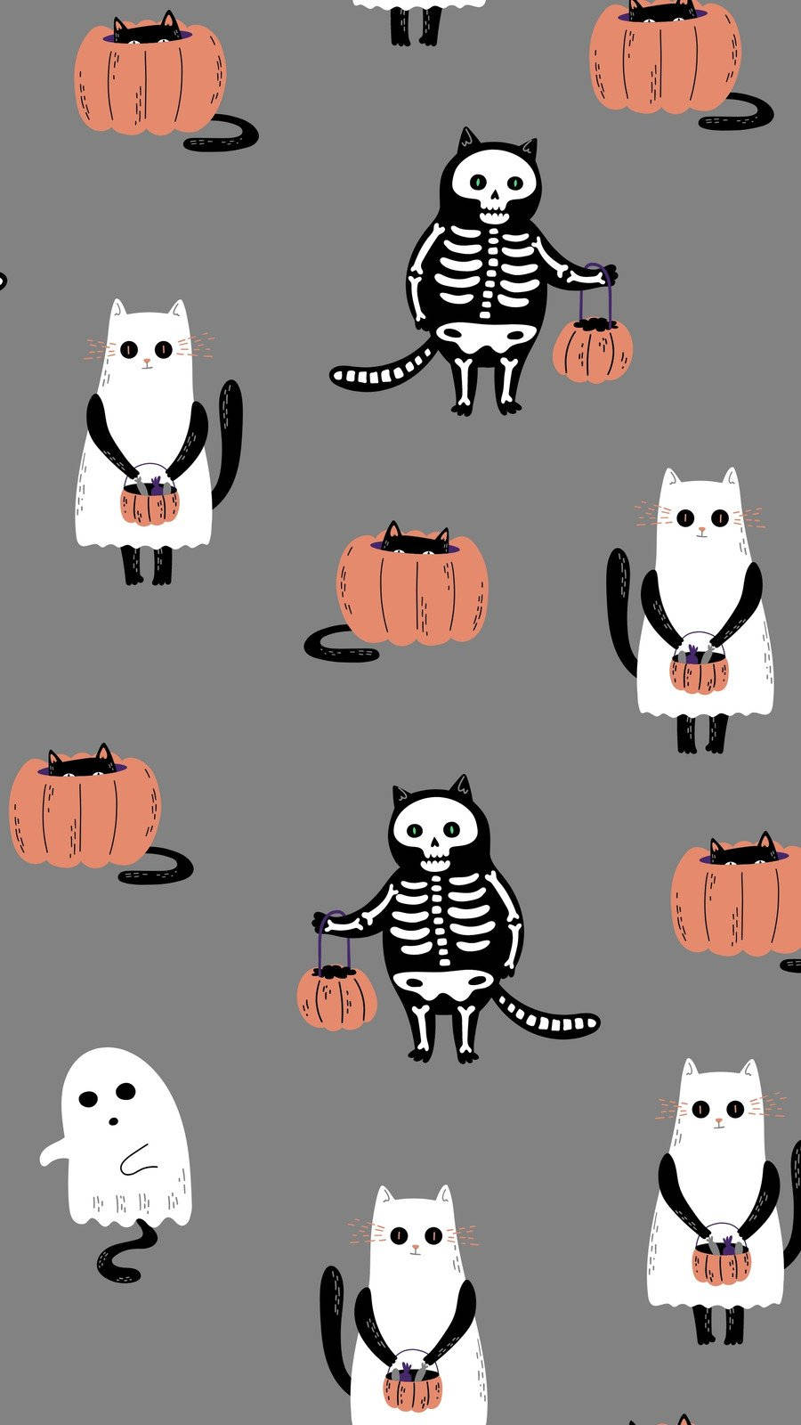 Download Cute Halloween Phone Cats As Skeletons And Ghosts Wallpaper