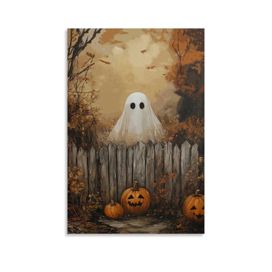 Vintage Halloween Canvas Wall Art Cute Ghost Standing Outside Poster Fence Canvas Prints Gothic Dark Academia Wall Decor Spooky Halloween Picture: Posters & Prints
