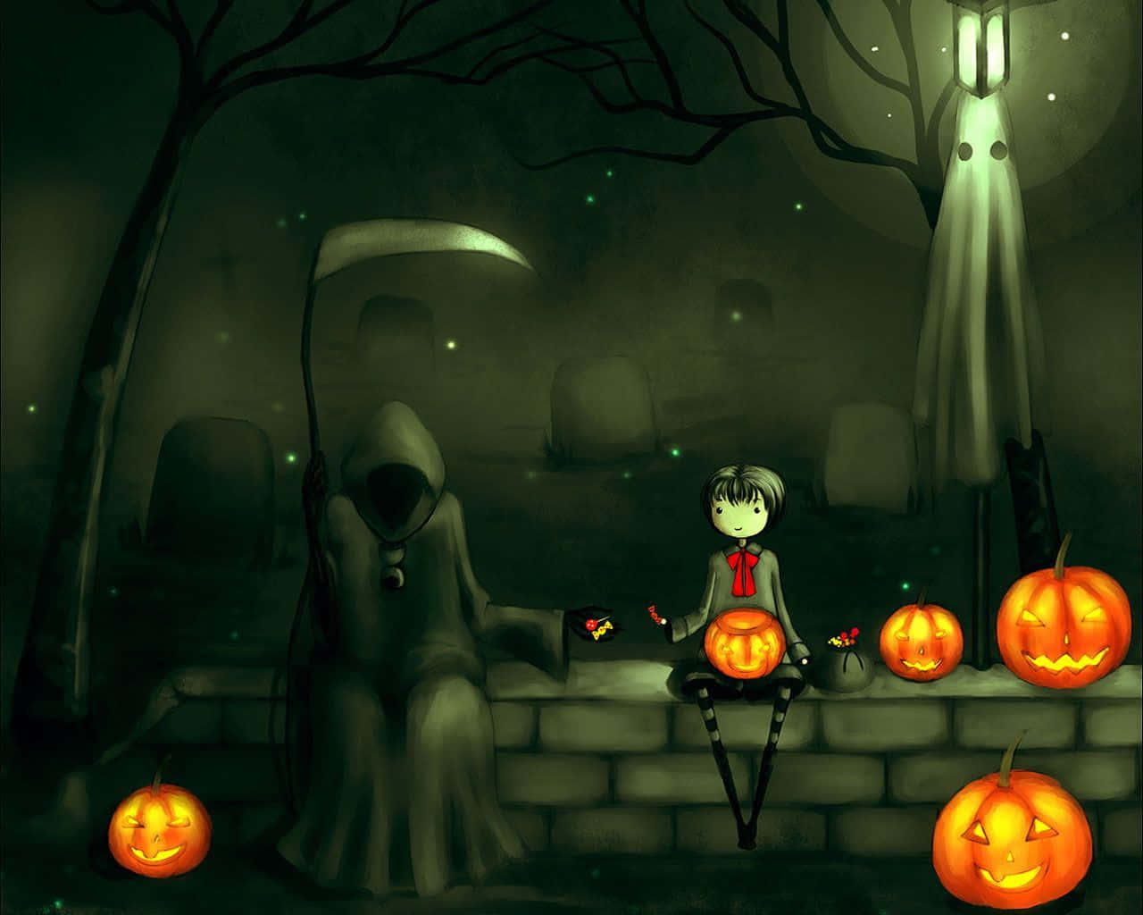 Download Halloween Cute Goth Girl With Grim Reaper Picture