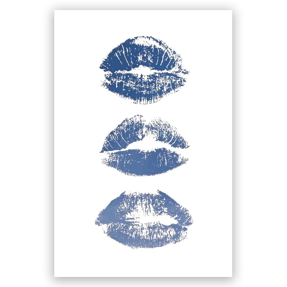 Trendy Kiss Lips Canvas Wall Art, Preppy Navy Blue Kiss Lip Print Painting Wall Decor, Minimalist Aesthetic Lip for Living Girly Bedroom Bar, Coquette Woman Makeup Room Poster 20x30inch Unframed: Posters