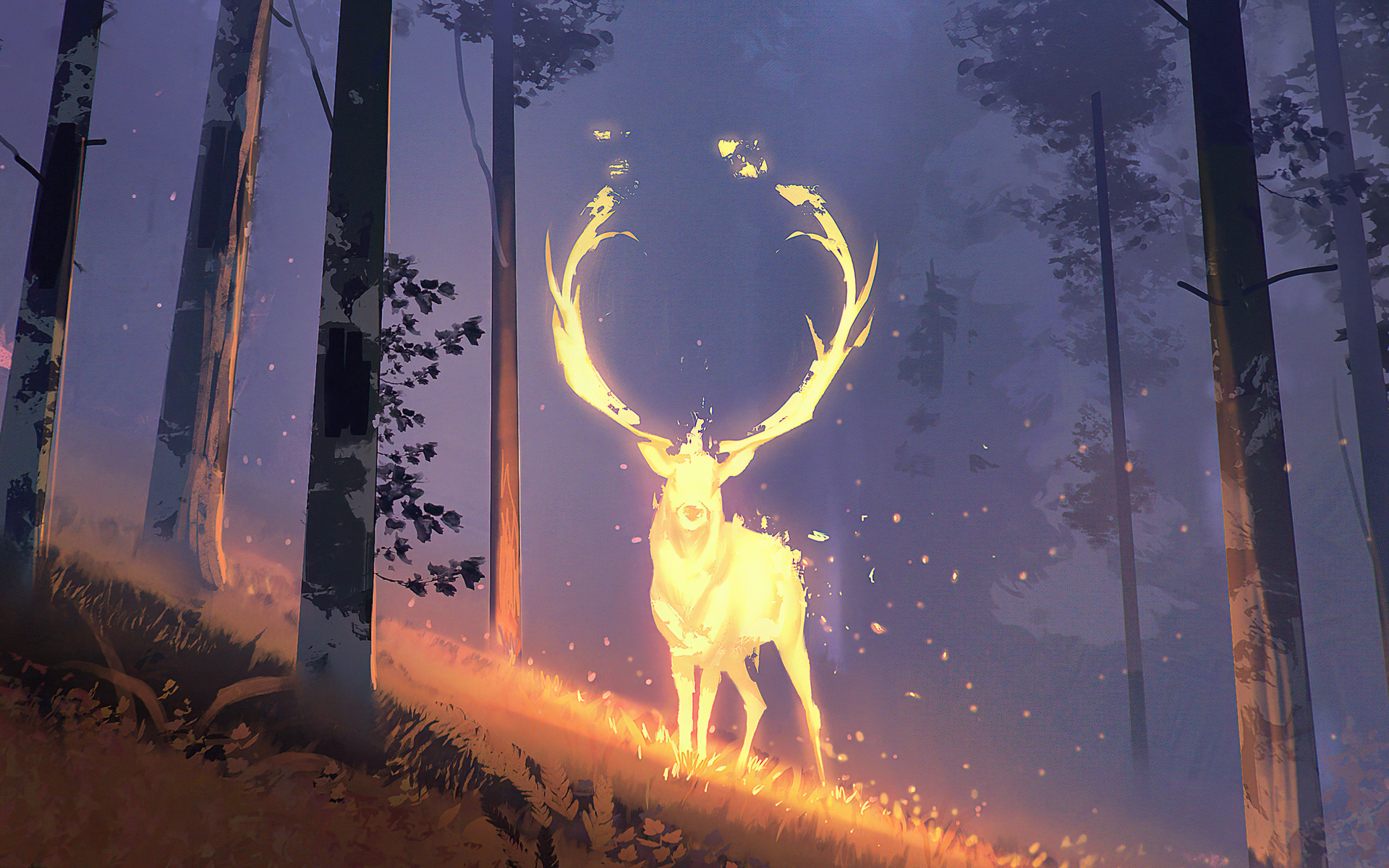 Ethereal Flame Deer: Fantasy HD Forest Wallpaper