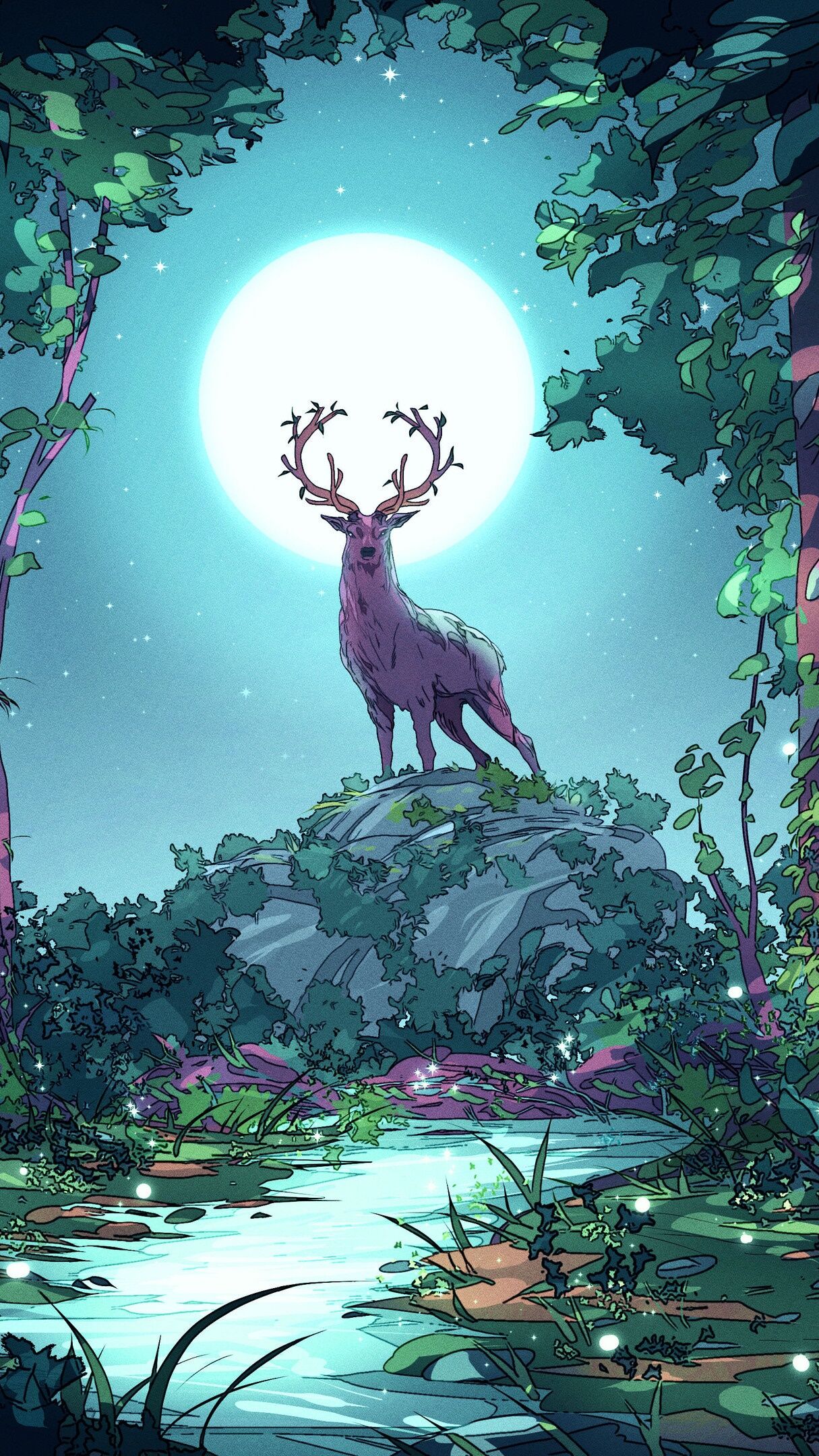 Mystical Moonlit Deer in Enchanted Forest