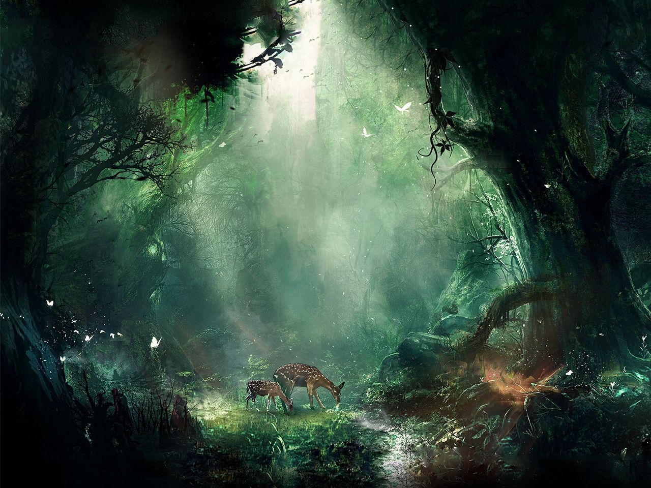 Download wallpaper 1280x960 jungle, fantasy, deer, butterflies, night, trees standard 4:3 HD background