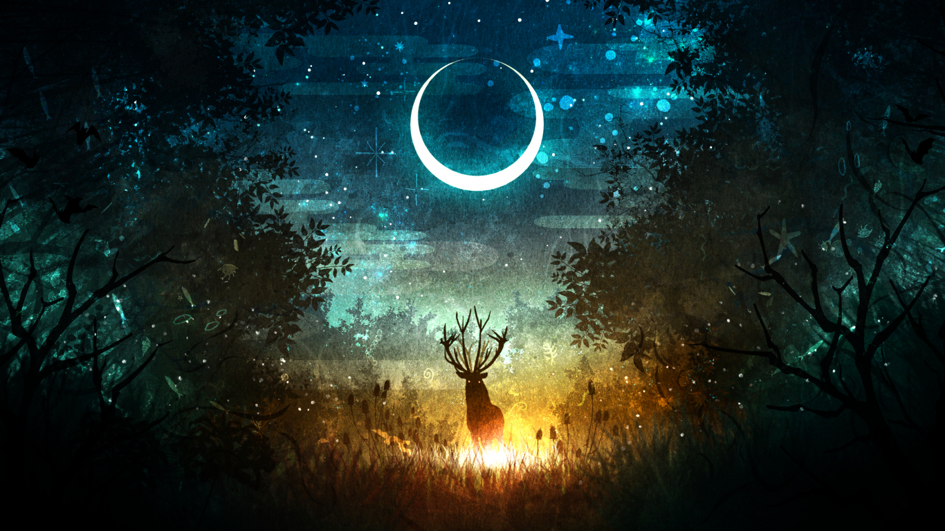 Night of forest deer and moon silhouette fantasy wallpaper