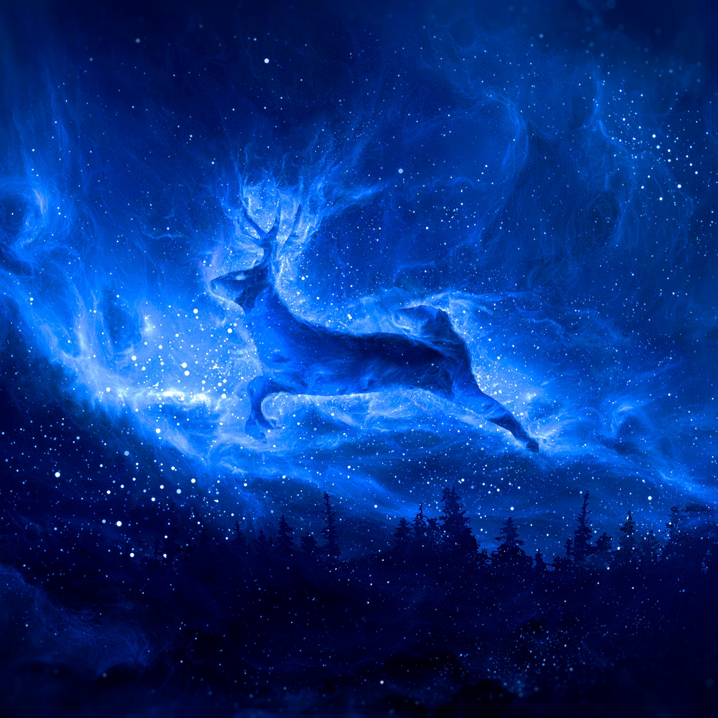 Deer Silhouette Starry Sky Art Fantasy 4k Wallpaper