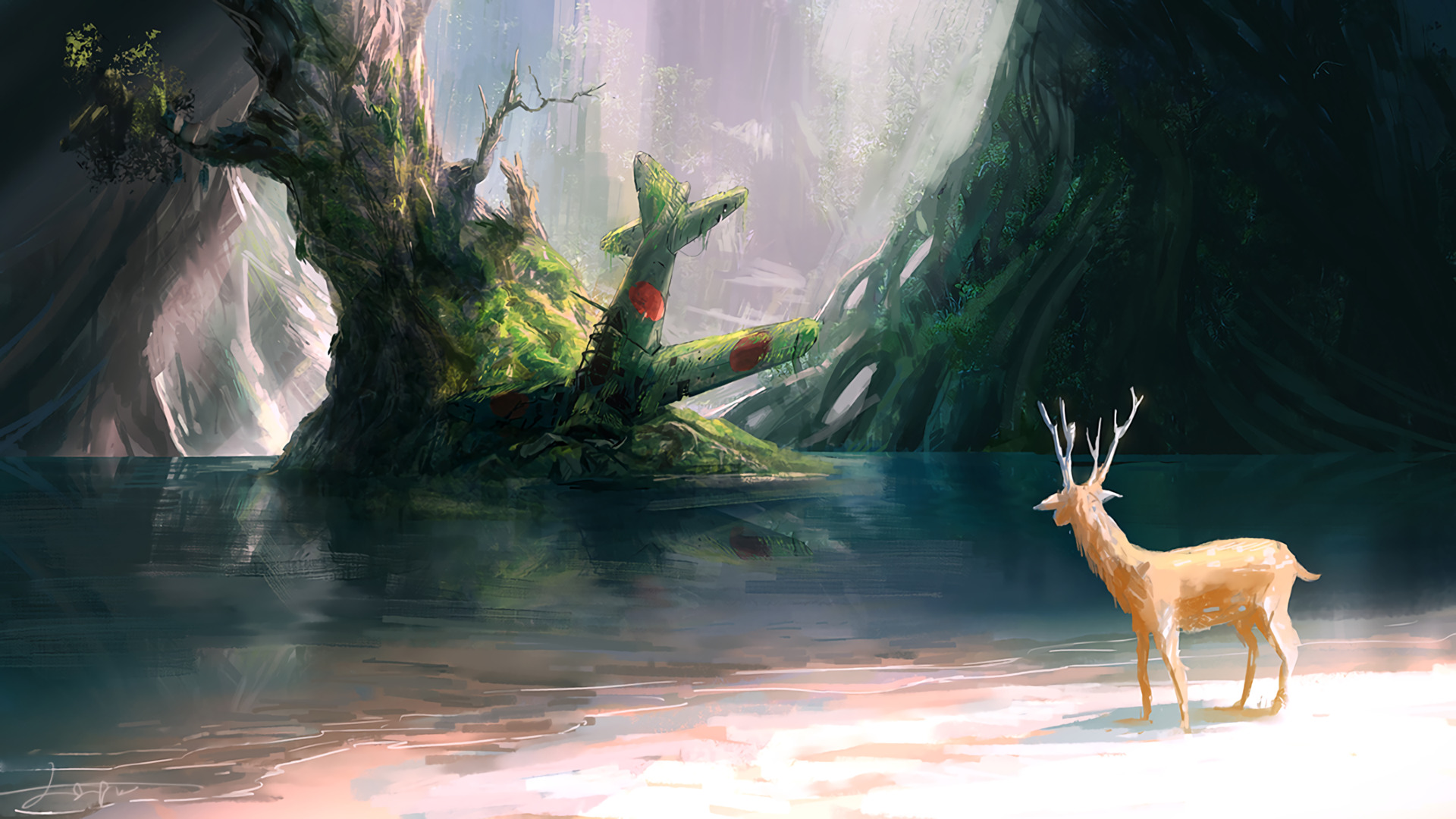 digital Art, Fantasy Art, Animals, Deer, Nature, Landscape, Trees, Airplane, Wreck, Water, Branch Wallpaper HD / Desktop and Mobile Background