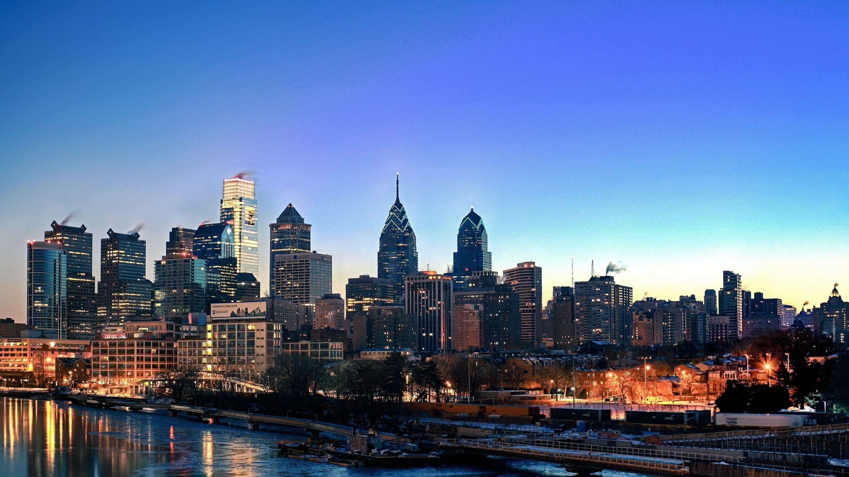 philadelphia, Pennsylvania, Usa, Sky, Buildings, Skyscrapers, Skyline, River, Water, Night, Sunset, Lights, City Wallpaper HD / Desktop and Mobile Background