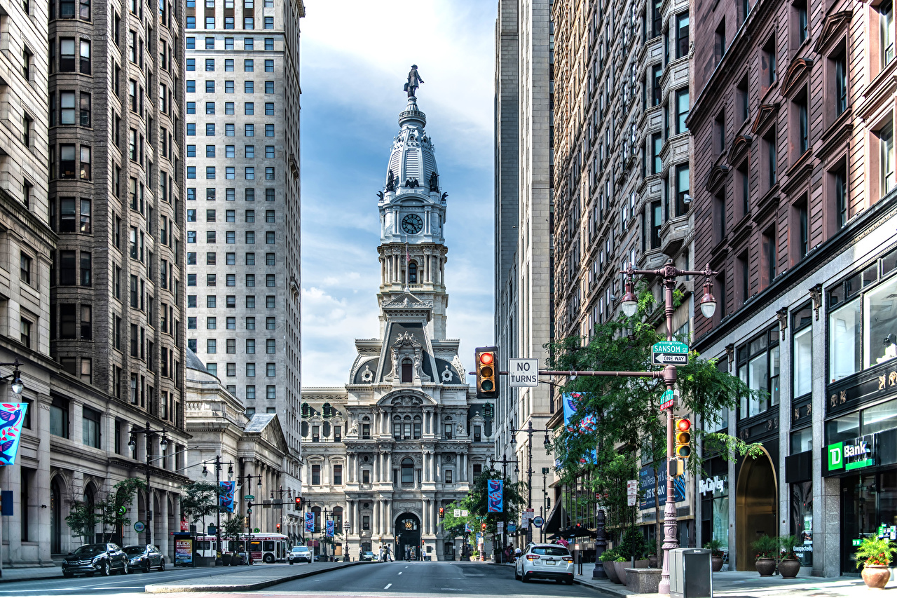 Desktop Wallpaper USA Tower Philadelphia Street Houses Cities