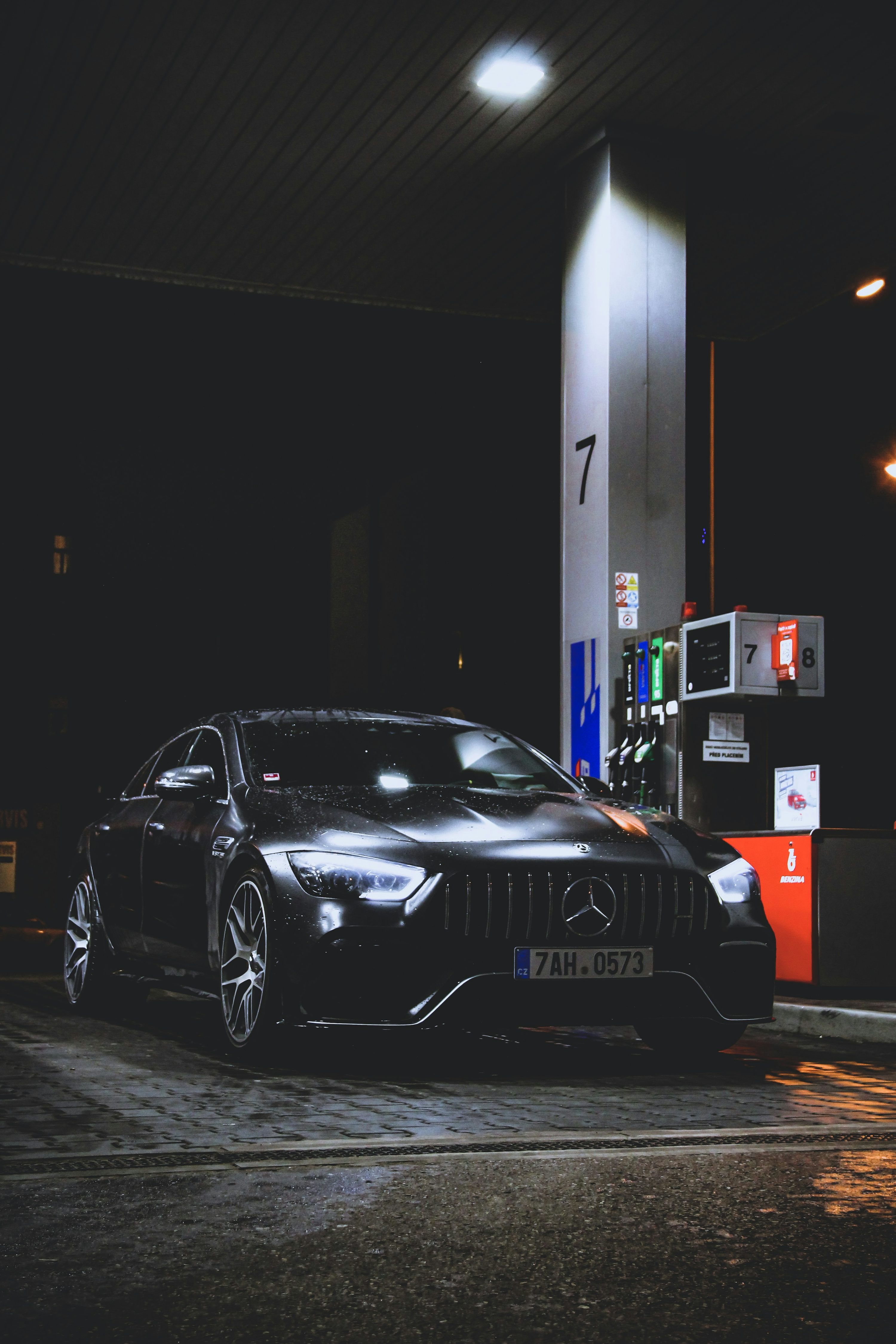 Black Mercedes Benz Car At Gas Station At Night Photo