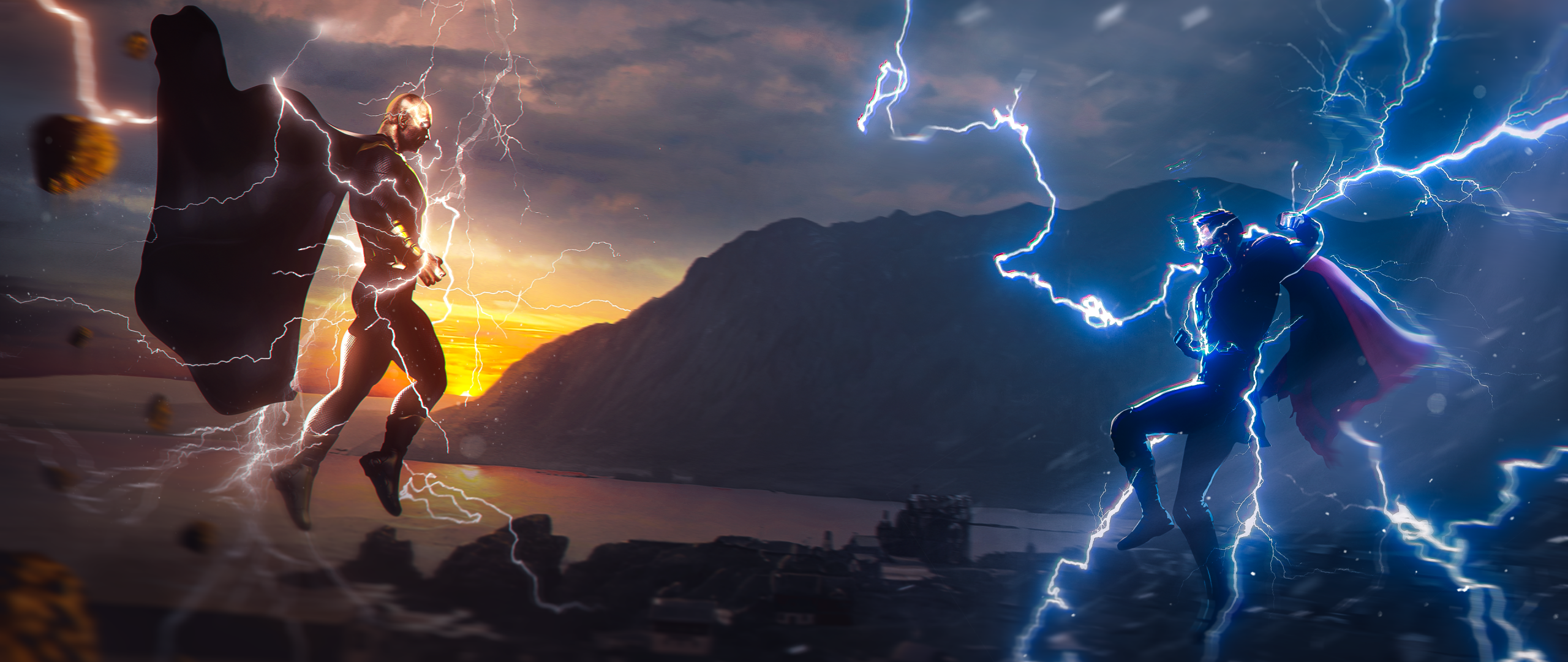Black Adam vs Thor Wallpaper 4K, Crossover, Fusion, DC Superheroes