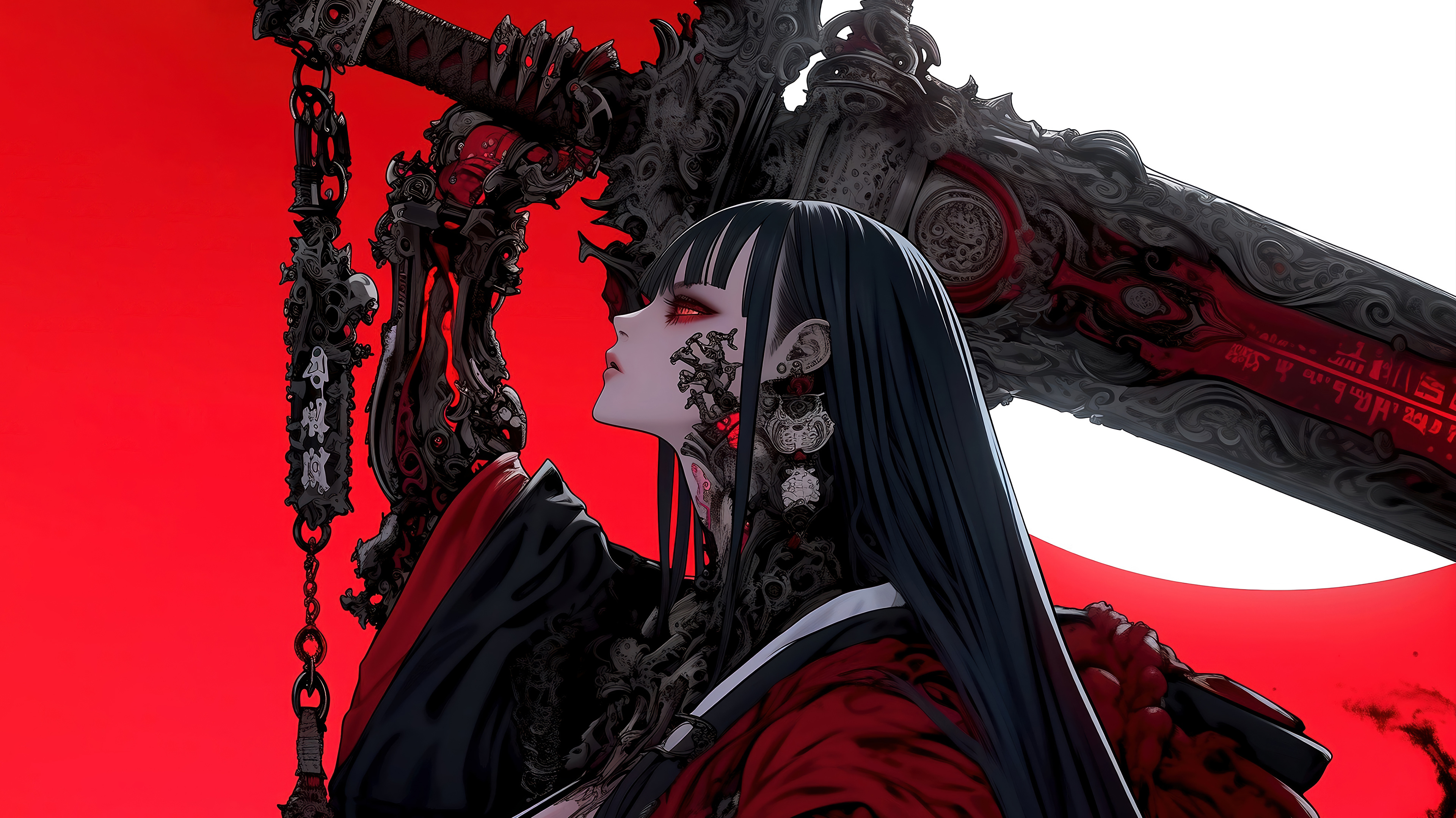 4K Ultra HD Anime Girl with Sword Red Warrior Wallpaper by AI で宇宙する