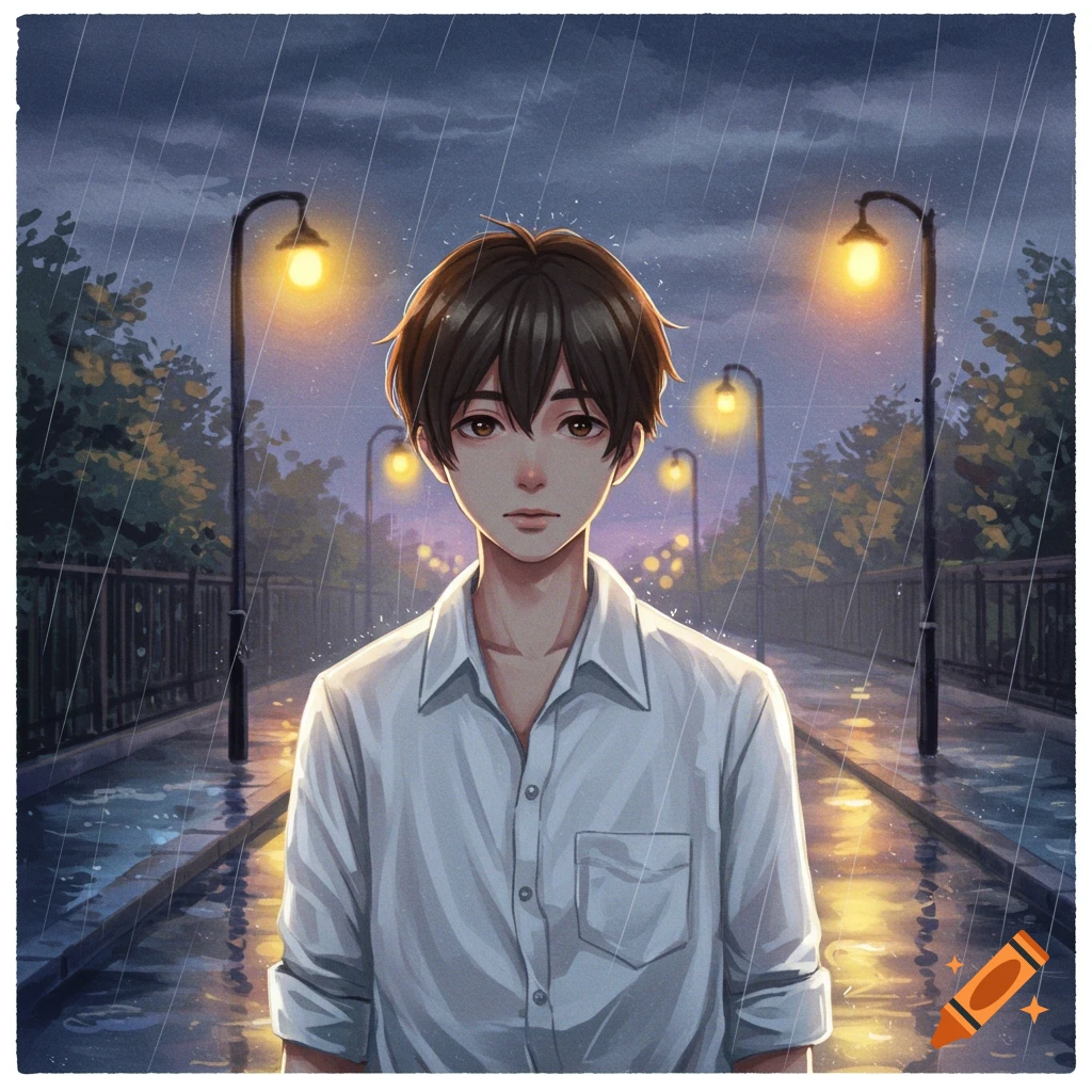 Anime Sad Boy Walking in Rain created on Craiyon